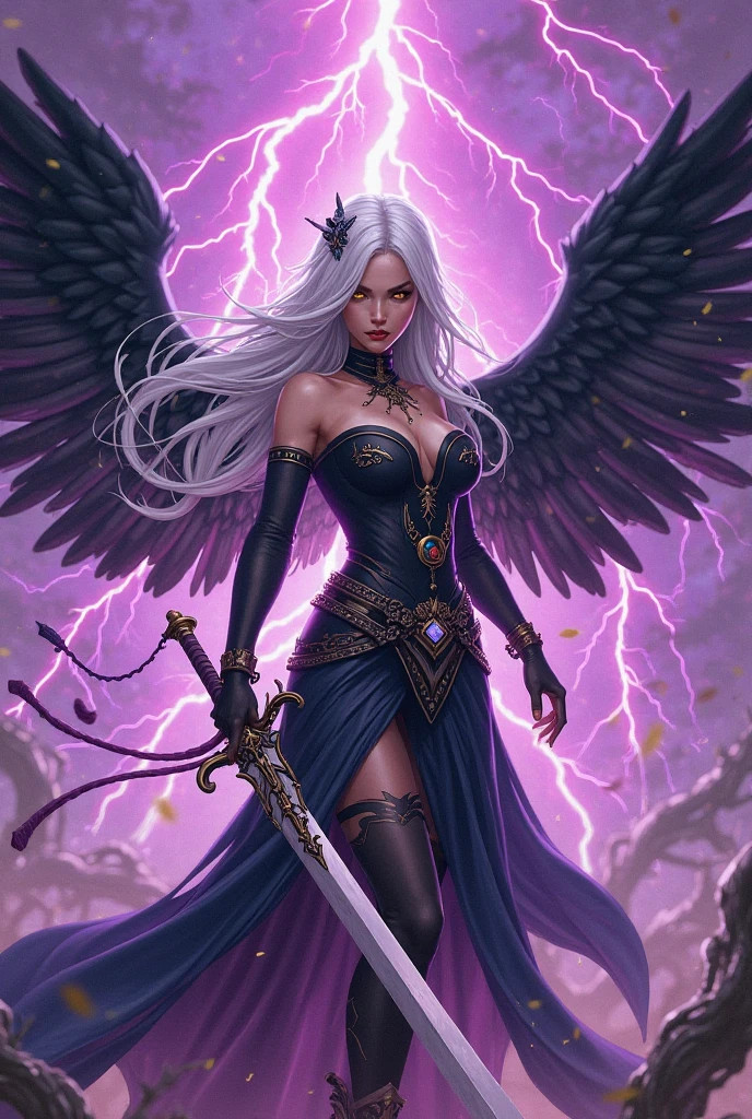 ((full body)), (([best quality, absurdres, beautiful detailed_1.2])), (an extremely delicate and beautiful:1.4), detailed closeup (to be defined), upper body, (extremely detailed), ((masterpiece, highres)), beautiful detailed eyes, perfectly detailed, ultra detailed,   <lora:LightningvfxCreateMore_v1:0.47>,  ((dark ages gothic fantasy), glowing eyes), (a painting of a woman with a sword and wings in style of luis royo), standing on a rock, power pose, pale skin, looking at viewer, flowing with dark power, magical girl, mage, wizard, spell, boss Villain, (serious), aura, dark aura, (blue purple, energy), (Dark Fantasy), long silver hair, eye reflection, pure white eyes, perfect face, perfect body, realistic skin texture, highly detailed face, <lora:add_detail:0.2>,
(lightning in background), (Oil Painting), (90's Fantasy Poster), intricate, detailed, perfect lighting, highest quality, good shading, good highlights, perfect composition, good composition, award winning, masterpiece, (photorealistic:1.6),
