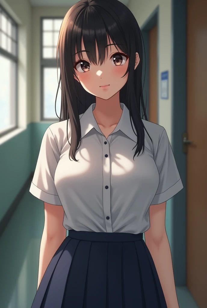 Highest quality, masterpiece, Portraiture, close, One girl, Kotegawa Yui, Black Hair, Long Hair, Long bangs, Brown eyes, Large Breasts, yellow , Pleated skirt, classroom, View your viewers, smile,
