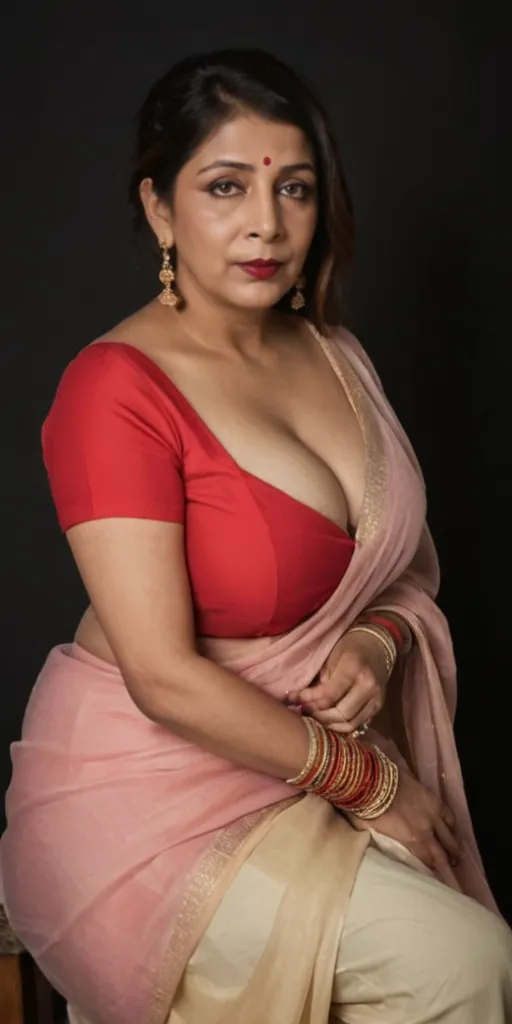 A full-body portrait of wolf cut hairstyle erotic hindu wife, sitting on chair, full portrait from top to bottom, front facing, 4K, super realistic, huge breast, super big fake lips red lipstick super delicious body saree bra chubby body, full body