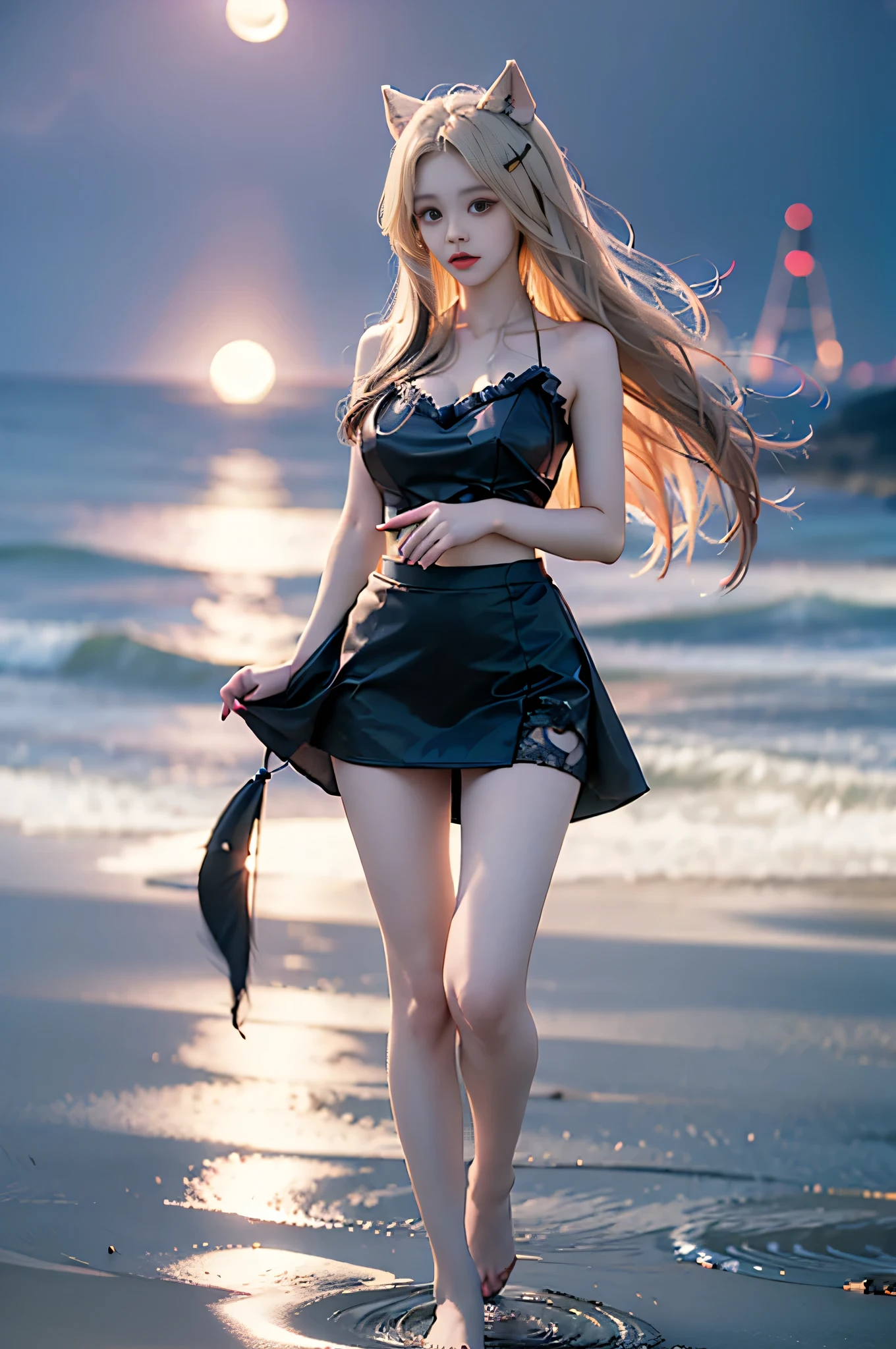 1 girl, blonde hair, gray hair, long hair, bangs, sparkling eyes, long eyelashes, eyes shine, compensate, smile, written boundary depth, from below, silhouette, from behind, wide shot, f/1.4, 135mm, canon, nffsw, retina, Accurate, anatomically correct, rough skin, Super detailed, advanced details, high quality, 最high quality, High resolution, 8K, (Woman walking on the beach at sunset), 逆光のsilhouette, (see through black dress), ((光を通して体のsilhouetteが見える)), (hair blowing in the wind), (My skirt flies up in the wind)