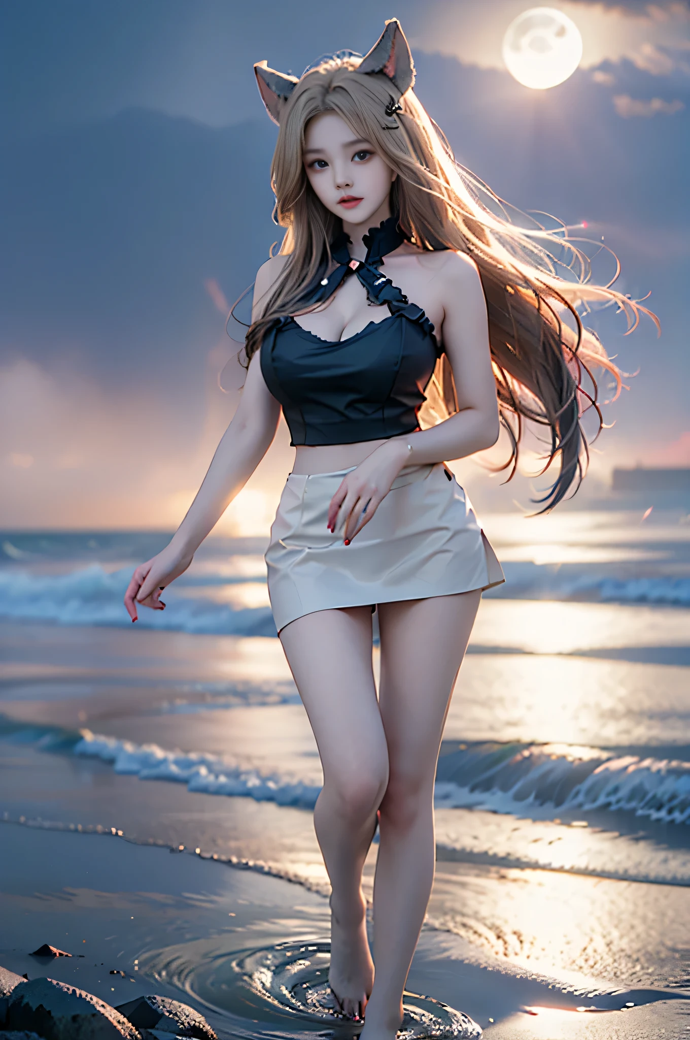 8K, Photographic images, masterpiece, 最high quality, Super-resolution,Low angle image, Beauty with golden curly hair, ((BlondeBeauty)), With bangs, Impossibly cute face, And slim, Small breasts, high quality, T Masterpiece, Exquisite Function, Delicate eye, delicate golden hair, 8K quality, Pale light and shadow, Dindal effect, disheveled golden hair, With bangs,(logo、masterpiece、8k、Tabletop、RAW Photos、wonderful、最high quality、Photorealistic and very detailed CG synthesis 8k wallpaper、high quality、Very detailed、Narrative poem、Particle Effects、Dynamic Effects、Written boundary depth、Cinematic Light、Lens flare、Ray Tracing)、Fantasy、Angle from the front ground、Full body images、 (One beautiful woman、Strong Wind、The skirt flips up in the wind、Panty shot、T-Shirts、Light skirt、The underwear line is completely visible、Tube top、Crop top、High heels、Blonde、Beautiful Face、True Face、Beautiful details、eye、Beautiful Skin、Ultimate Body、glamorouy skirt flutters in the wind、Hair flutters in Wind、Hair bounces、Seaside、Wonderful views、Coastal、sunrise、Sun in the background、Wind、Beach