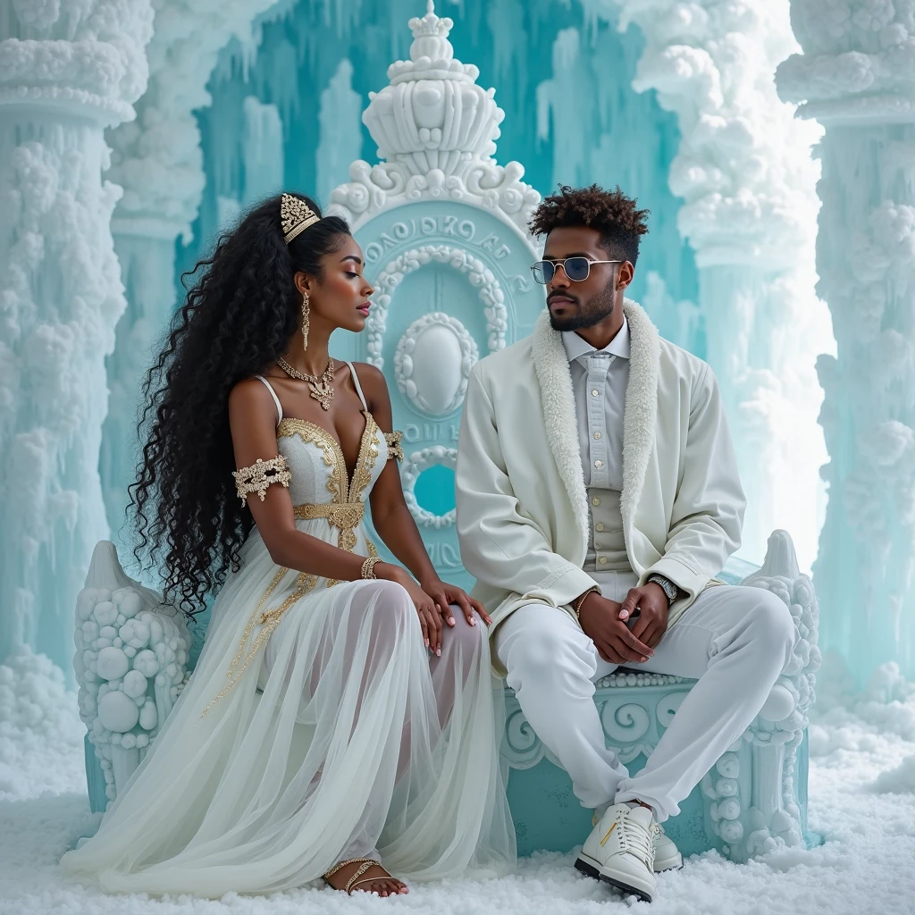Deep within an oil painting lies a mesmerizing vision of a happy black couple of a black man ice skating with his black wife, An ethereal sacred crystal image, the subject of this painting is adelicate and fantastical, whose movements are graceful and complex. Captured with vivid brushstrokes and rich tones, this image depicts a majestic image composed of shimmering ice crystals. This meticulously crafted painting displays stunning detail and realism, capturing the radiance of the crystal and the intricate patterns etched into its surface. This mesmerizing work of art invites viewers to immerse themselves in the enchanting world of this sacred love between the black man and his black wife