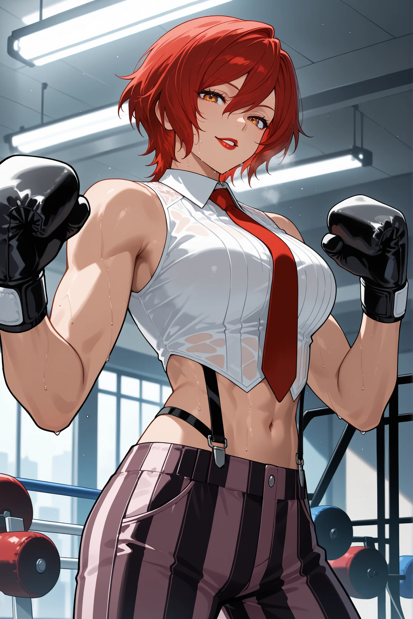 score_9, score_8_up, score_7_up, score_6_up, source_anime, BREAK masterpiece, VanessaKOF, red hair, short hair,toned,sleeveless shirt, red necktie, black gloves, striped pants, navel, suspenders, gym, flowing hair, seductive smile, parted lips, red lips, looking at viewer, sweating, boxing stance