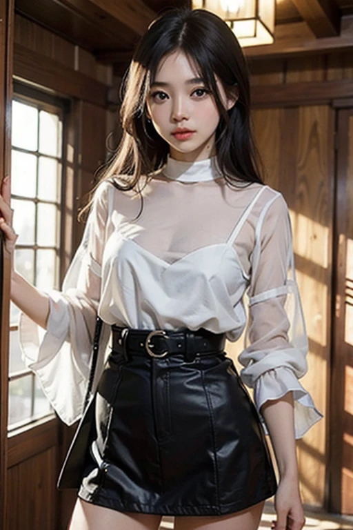 1woman, idol, long hair, brown hair, bedroom, 20 years old, see here, clothes wet, wet hair, white blouse, white miniskirt,