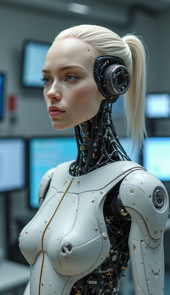 realistic, photorealistic, 1girl, beautiful blonde robot, fit athletic body, v-line jawline, working intently on computer, full body, standing, highly detailed face and eyes, hyperrealistic, 8k, ultra-detailed, (best quality,4k,8k,highres,masterpiece:1.2),ultra-realistic, cinematic lighting, dramatic shadows, volumetric lighting, studio lighting, glowing interface, complex machinery, intricate details, seamless integration, futuristic, cyberpunk, moody, serious expression