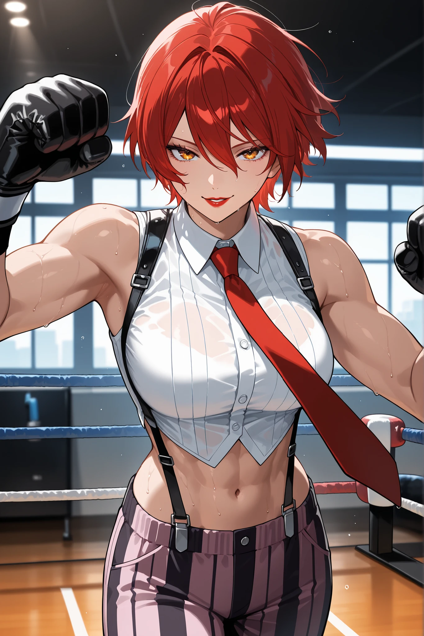 score_9, score_8_up, score_7_up, score_6_up, source_anime, BREAK masterpiece, VanessaKOF, red hair, short hair,toned,sleeveless shirt, red necktie, black gloves, striped pants, navel, suspenders, gym, flowing hair, seductive smile, parted lips, red lips, looking at viewer, sweating, boxing stance