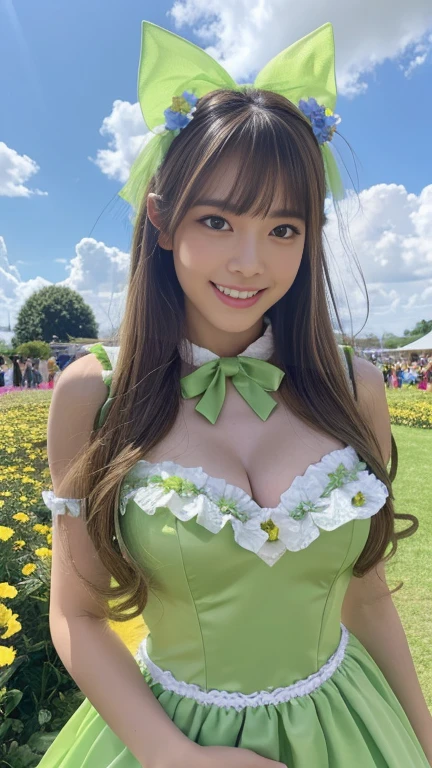 (nsfw), sexy stylish Thai model, only 1 female, ((doll-like appearance)), short Auburn stylish hair, ((shiny Victorian-Style boots)), (big smile), ultra detailed eyes, vivid eye makeup, lipgloss, long lashes, defined eyebrows, ((sexy Paradise Kiss cosplay)), bell-shaped skirt, petticoats, high neckline, puffed sleeves, ((ultra detailed lace)), ((ultra detailed embroidery)), intricate details, Paradise Kiss accessoires and matching headpiece, choker, ((large sparkling Paradise Kiss jewelry)), cinematic light, detailed large park background with trees