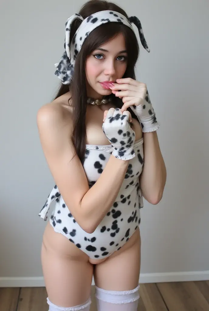 Highest quality, masterpiece, Ultra-high resolution, (Realistic:1.4), RAW Photos, 1 girl, Black Hair, Glowing Skin, Dramatic lighting, whole body, Female dog, , Small breasts,((Glasses、))、Naked Apron、Hair Up, naked full body, show pussy, show tots