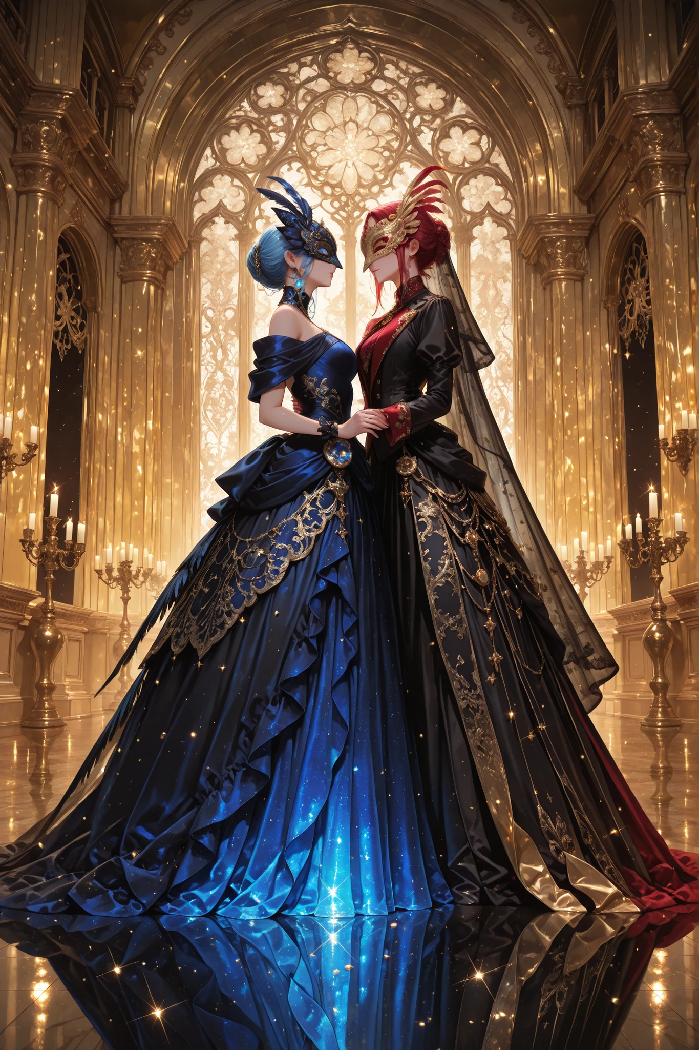 (masterpiece, detailed:1.2), semi-realistic, hyper-detailed,opulent masquerade ball, elegant masked guests in elaborate costumes, grand ballroom with chandeliers, golden candlelight reflections, polished marble floors, ornate masks with feathers and jewels, rich velvet and silk fabrics, romantic atmosphere, classical music ambiance, mysterious glances, slow dancing couples, sparkling gowns and tailored tuxedos, fantasy setting with glowing accents, magical particles in the air, regal colors like gold, deep red, royal blue, luxurious architecture