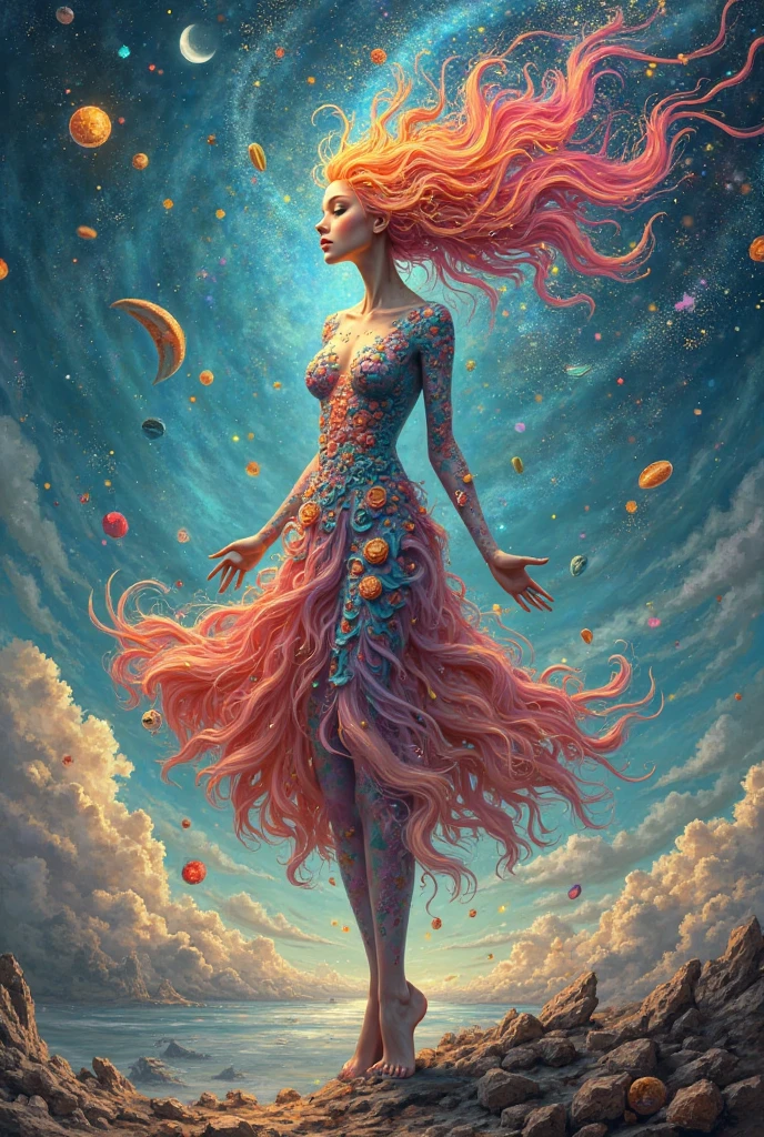 ((Inspired by Charles Camoin)), (Impressionist Painting), （masterpiece，Top quality，Best quality，Official Art，Beauty and aesthetics：1.2），（1 Girl：1.3），（Fractal Art：1.3），Upper part of the body，elegant dress，View from the side，Looking at the audience，（Rainbow Hair，Hair Color，Half blue half pink hair：1.2），water，liquid，cloud，rich and colorful，Starry Sky，Star，