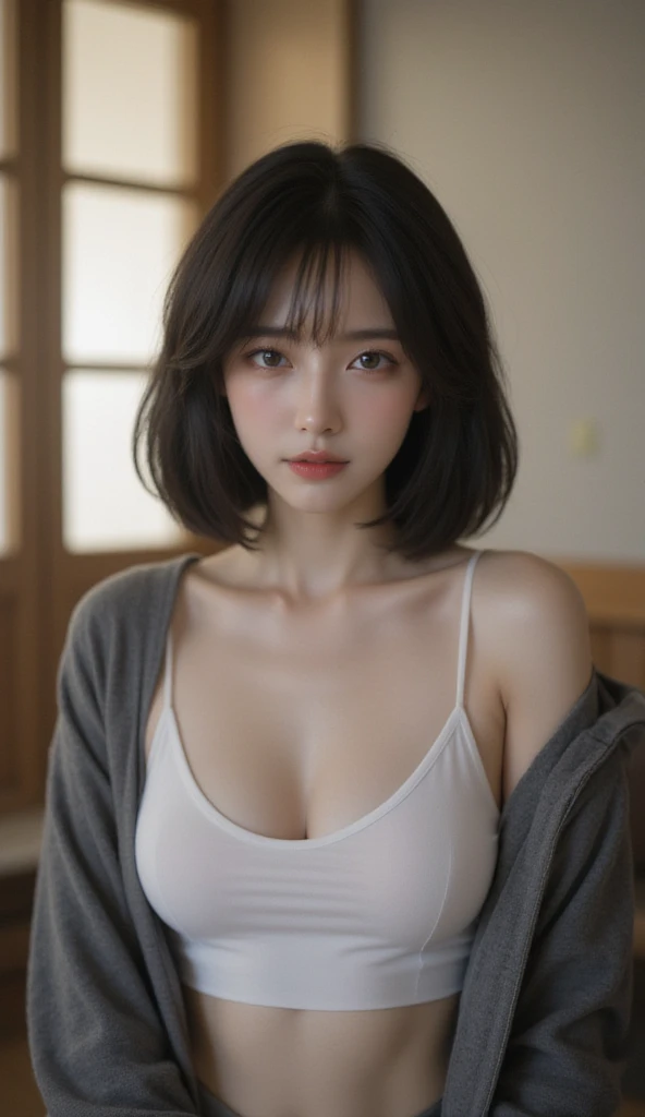 Highest quality, masterpiece, Ultra-high resolution, (Realistic:1.5), RAW Photos, One girl, Off the shoulder, In the Dark, Deep Shadow, Modest, Cold Light, Sexy Looks, short hair, Front teeth, Troubled face,