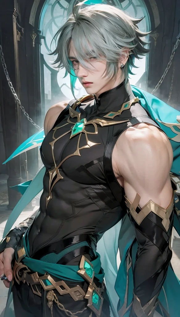 Boy, sixpack, commander style, short hair, perfect face, silver hair