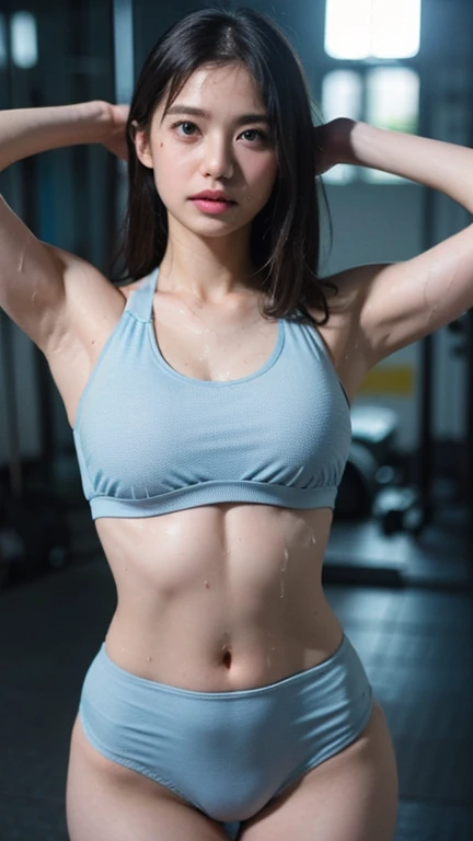 Highly detailed CG Unity 8k wallpaper, top quality, Super detailed, masterpiece, actual, photo actual, Very detailed cute girl, 25 years old, muscle, abdominal muscles, Round eyes, audience, blush, open your lips, Half-length photo, Sportswear, Gym, Highlight the buttocks, Topless