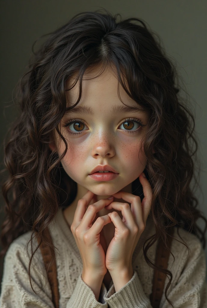(Modelshoot style), A sad little and homeless girl ((dressing an old torn clothes)), (shy), 1girl, solo, brown and curly and messy hair, very detailed face, beautiful eyes, [chubby], adorable, with rosy cheeks and bright, sad eyes, stunningly beautiful, (Rembrandt Lighting), zeiss lens, ultra realistic, (high detailed skin:1.2), 8k uhd, dslr, Dramatic Rim light, high quality, Fujifilm XT3, --auto