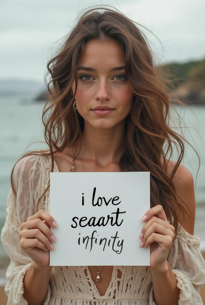 Beautiful girl with wavy long hair, bohemian dress, holding a white board with text "I Love Seaart Infinity" and showing it to the viewer