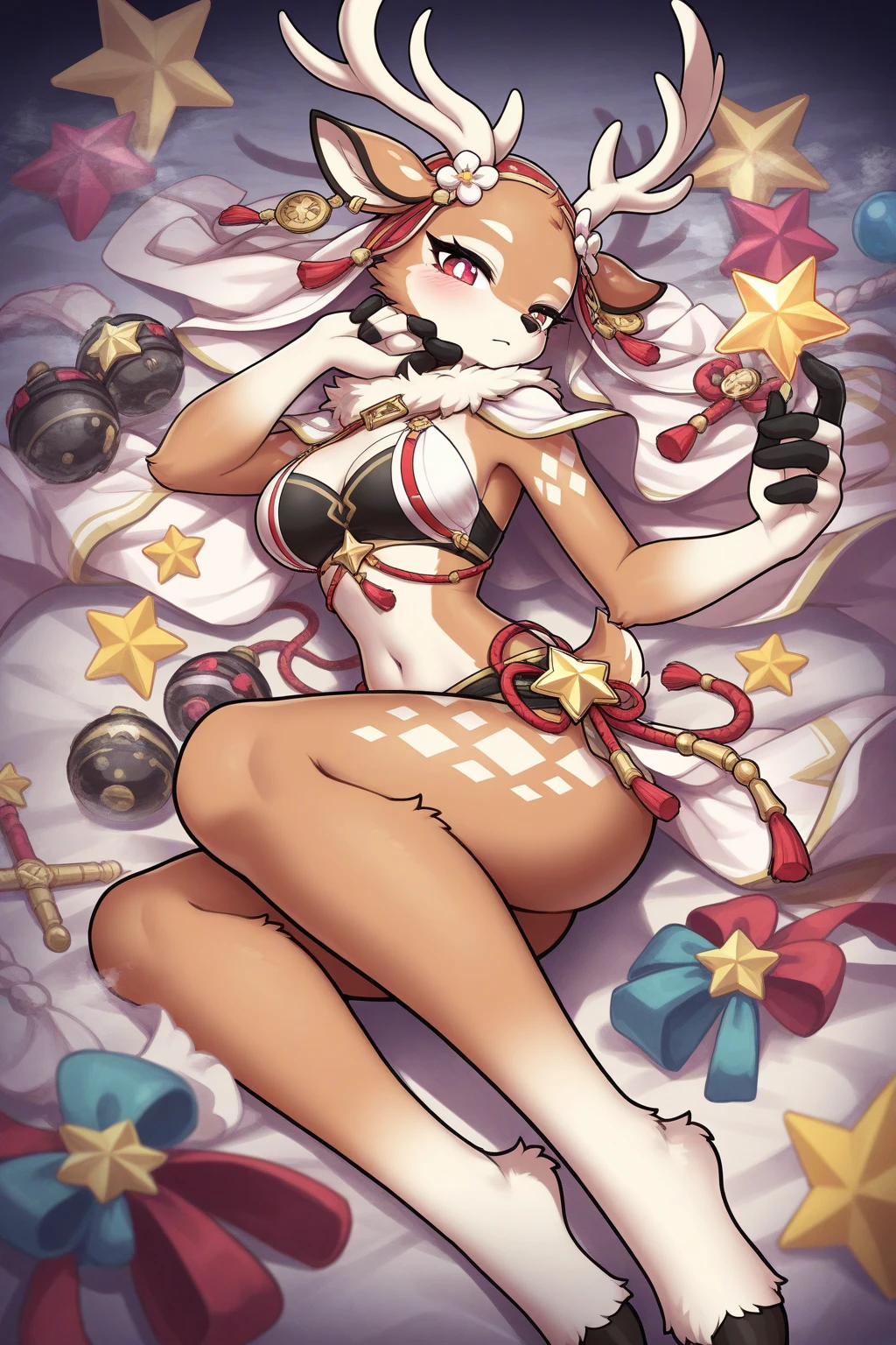 full body standing straight symmetrical, lustful smirking smile face red blush red cheeks, looking at viewer, best quality, highres,female elf blindfolded, very white skin like snow, yellow tiger bikini, leather black collar with cow bell attached it