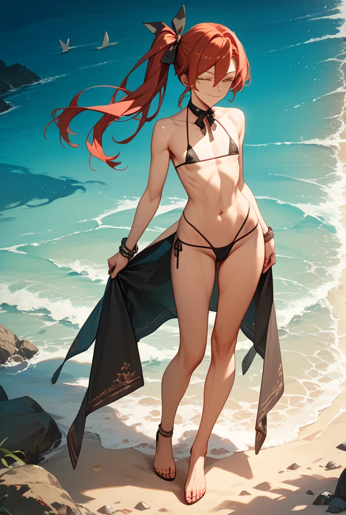 An anime girl in a public place, with long red hair, in a bikini and with an exaggeratedly large ass and tits, showing my ass on the screen