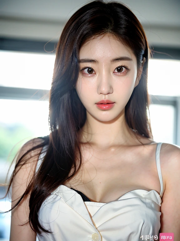 (8K, RAW photo, Best quality, Masterpiece:1.2), (Photorealism), (Extremely detailed Cg Unity 8K wallpaper), ((1 girl)), (Surrounded by flower1.4), pony-tail hair, cleavage, (Perfect:1.4), (Medium breasts:1.2), Beautiful face, Clear Focus, Cocktail black dress set, bokeh background in hotel room, fine eyes, fine skin, fine lips, Model flattering portrait pose, eyes color contacts lens is gemstone green, random body orientation,