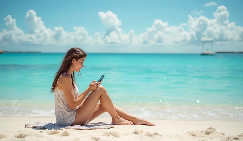 A woman is enjoying a sunny day at the beach. The woman, wearing a white tank top, is taking a selfie with her phone in front of her face. She has dark hair and is smiling slightly. Behind them is a colorful array of umbrellas that offer shade to other sunbathers. In the background, you can see the ocean and more people enjoying their time on the sandy beach. The overall atmosphere is relaxed and peaceful, typical of a day at the beach in Miami. . Full body photo, clear photo, high resolution, high quality, masterpiece, 16K. Sharp photo, high quality, high resolution (ultra quality masterpiece), Ultra HD, high contrast, 16K. Masterpiece: 1.3, high resolution, (photographically realistic), 8k, NUDE, NUDITY, NFSW