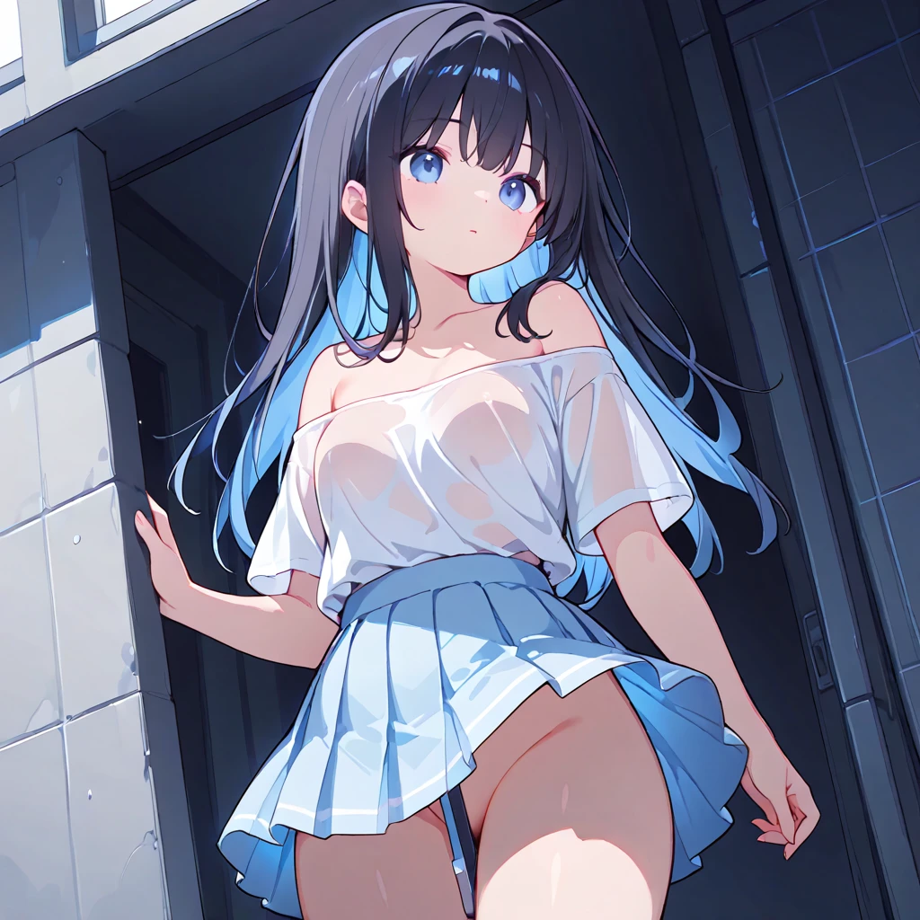 1 female,black hair,blue ribbon ,((surprised expression)),beautiful breasts,white shirt,blue clothes,good style,,(facing the front)(((blush、embarrassed look)),(((The wind blows up the navy skirt))),(showing panties:1.3),(embarrassed look:1.4),(white panties is exposed:1.4),(A corner of white panties is exposed:1.5)，(white panties:1.4),navy skirt