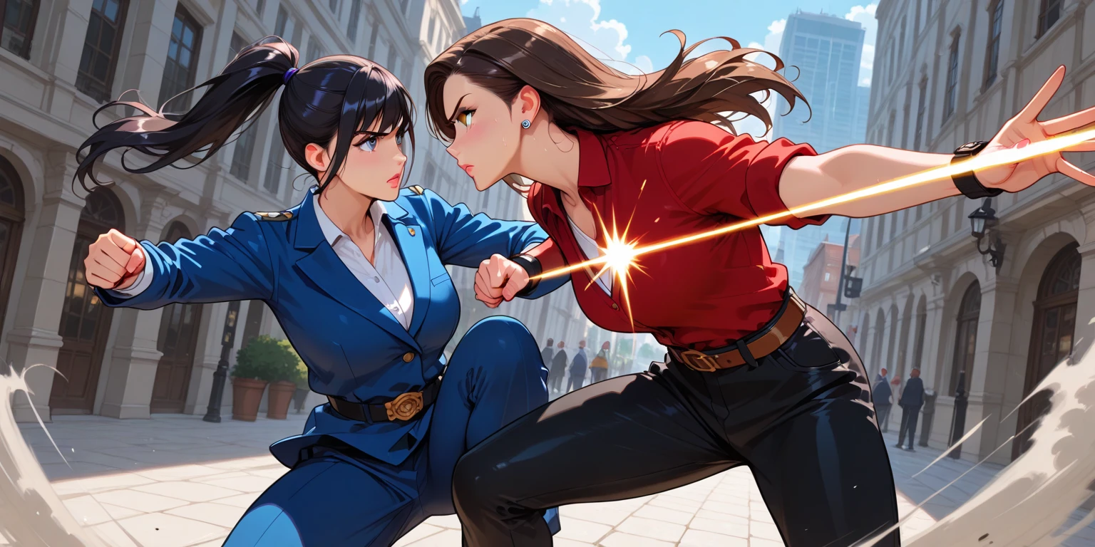 (masterpiece, best quality, high quality, highres:1.4), detailed, extremely detailed, ambient soft lighting, 4K, 1girl, (mature female, milf:1.2), (short hair, black hair, ponytail, sidelocks, hair in the wind:1.3), (blue eyes, frowning, panting, sweat, shiny skin:1.2), big breasts, narrow waist, wide hips, voluptuous, (buttoned white shirt, black jacket, red necktie, detective badge, belt, black pants:1.3), (running, motion lines, sprinting, dynamic composition, motion blur:1.4), outdoor, city street, night, neon lights, rain <lora:milfWeightEdit_v1:0.5> <lora:jujunaughtStyleLora_v10:0.3> <lora:envybetterhandsLocon_beta2:1> <lora:ShinyOiledSkin_v20-LyCORIS:1> <lora:add_detail:0.5>