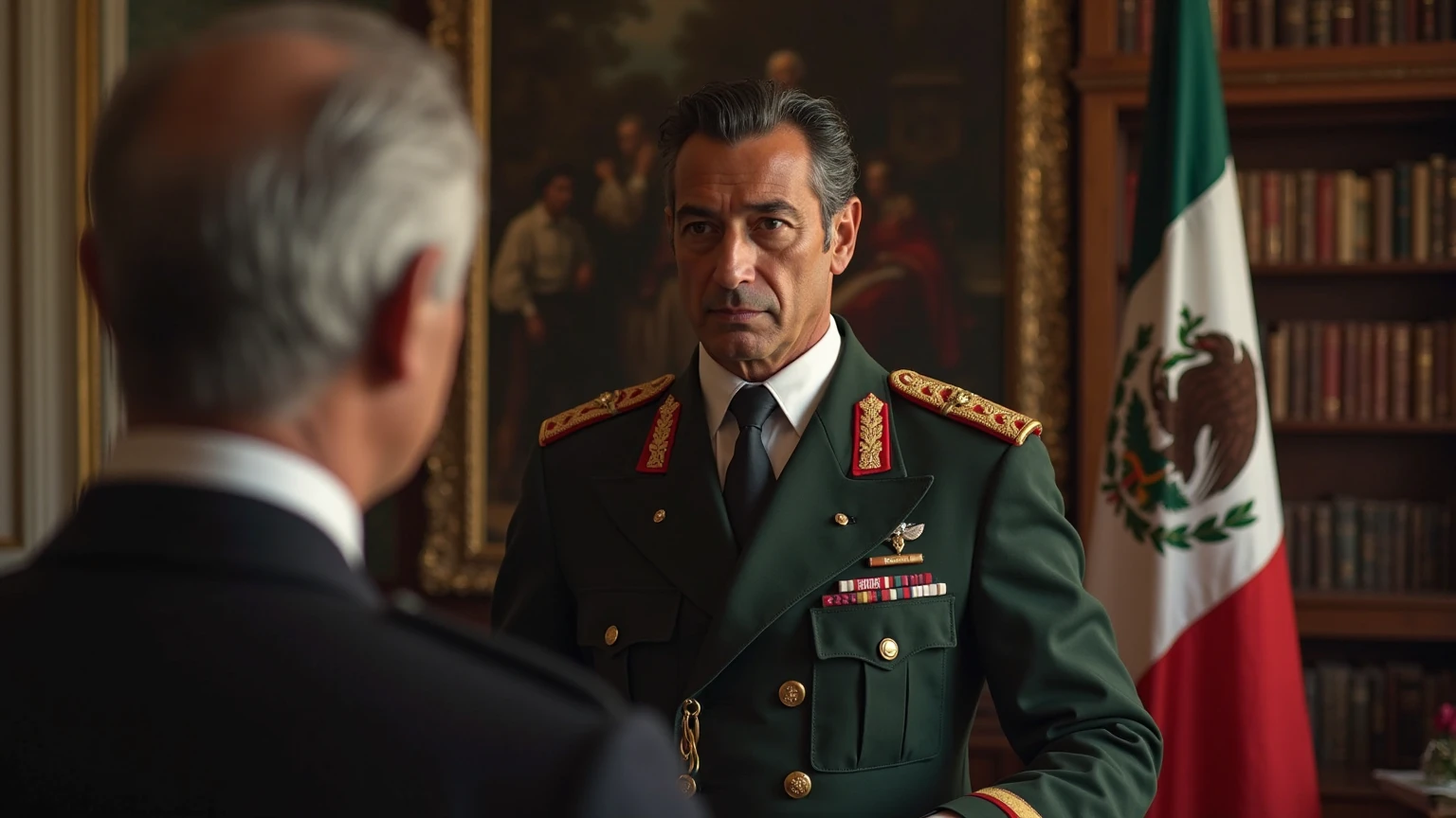 Colonel of Roman descent in the Brazilian army, approximately 40 years old, has an athletic and robust body, with black and gray military hair on the sides, and a thin scar on his face like a mark of bravery, he has a mustache. He is wearing a high-ranking olive green uniform of the Brazilian Army officer, adorned with medals and decorations. The background features an office of the Brazilian Army, with books and Brazilian flags, integralists and fascist, He is a realistic coat of arms, which contributes to the atmosphere of authority and respect. The veteran is sitting in a comfortable armchair, exuding wisdom and strength, and looking like a respected and esteemed leader Illustrate his wife as a beautiful army lieutenant in an officer's uniform