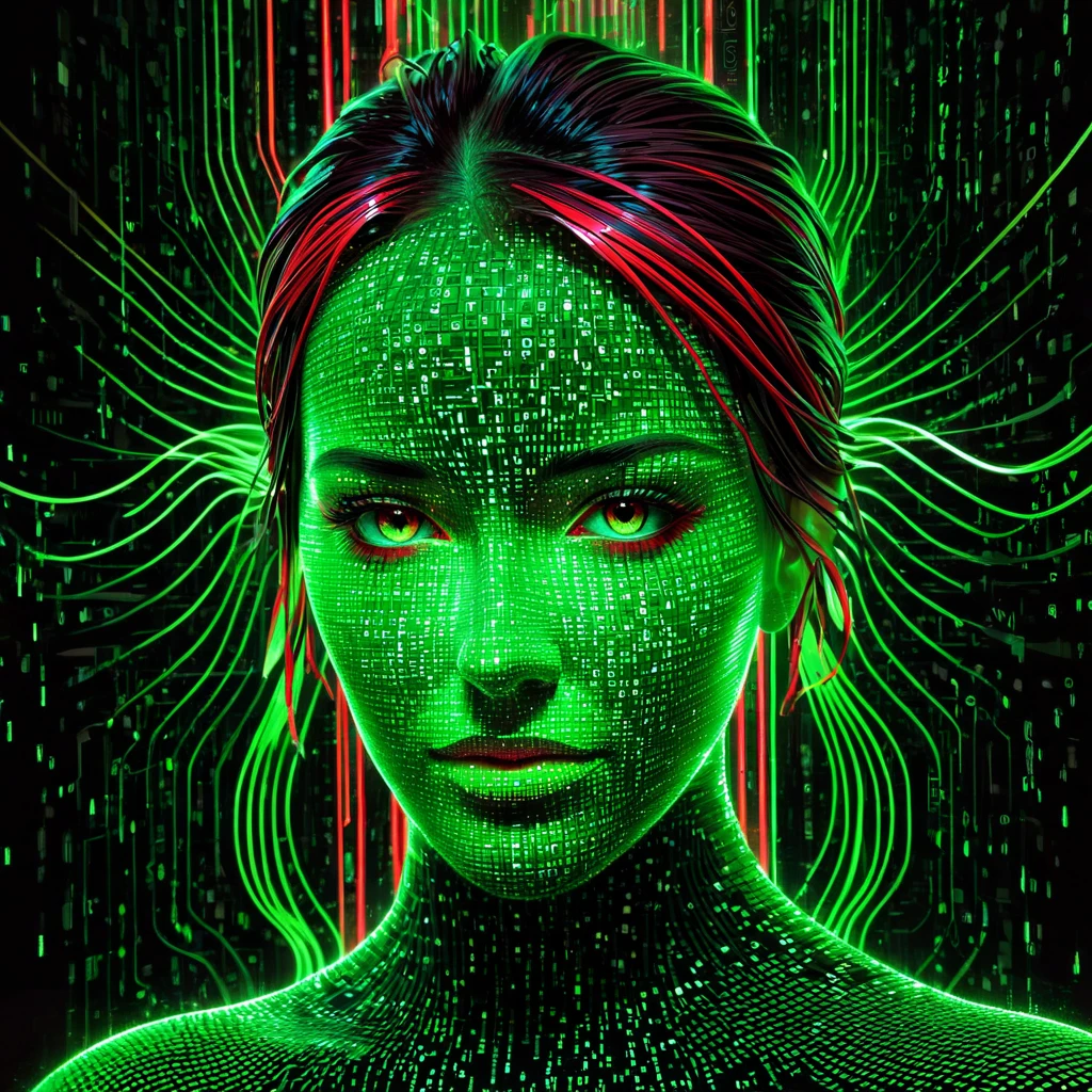 A striking cyberpunk digital artwork depicting a face emerging from streams of binary code. The central figure is rendered as a translucent green polygonal mesh with red highlights, surrounded by flowing ribbons of binary data in neon green and red. The composition creates a dramatic visualization of digital consciousness or artificial intelligence, with monospace binary code "101010101" forming dynamic patterns throughout the dark virtual space. High contrast digital illustration with neon lighting effects against dark background.