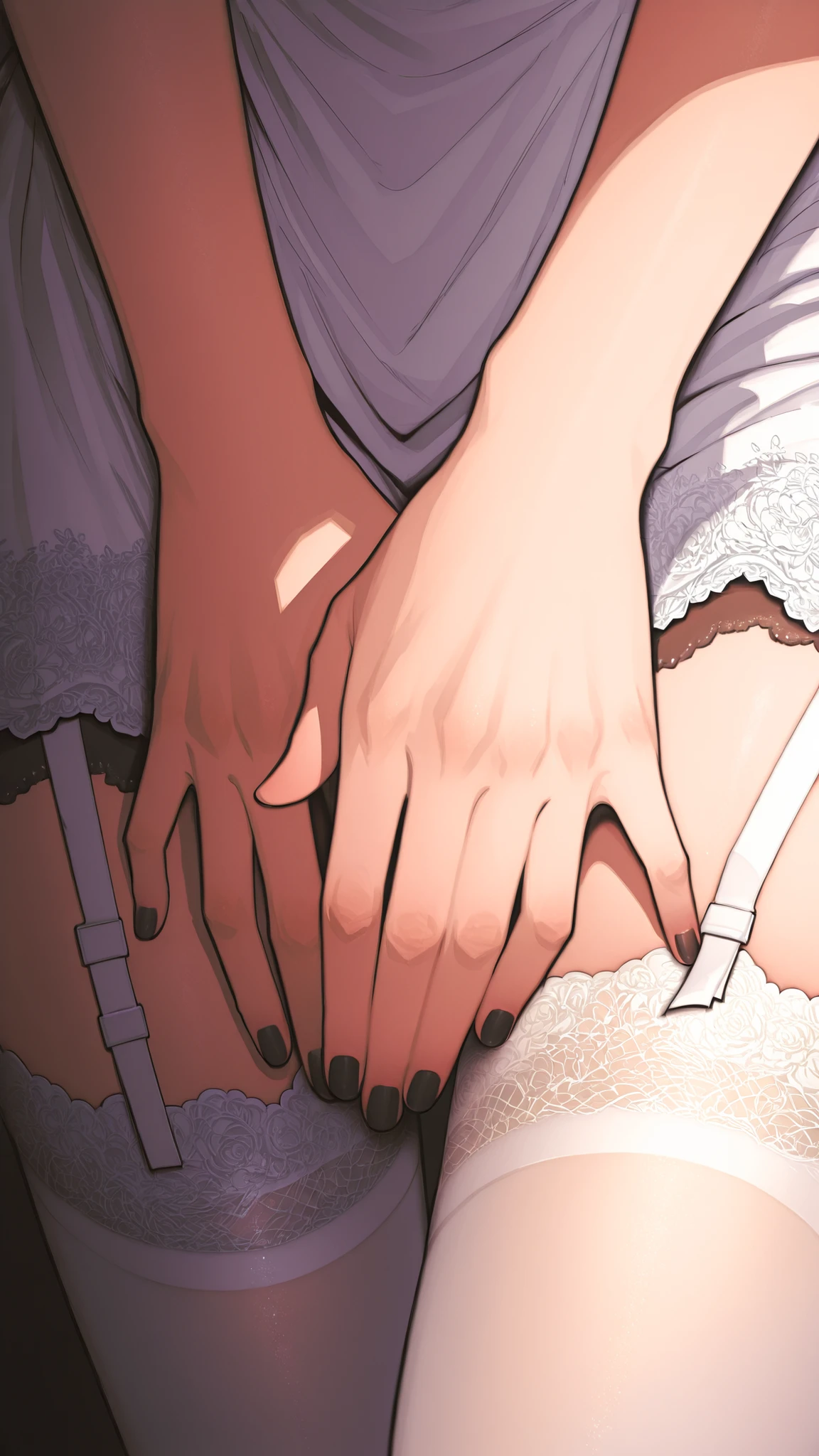 score_9, score_8_up , score_7_up , score_9,Score_9, Score_8_up , Score_7_up ,Create private details, highlight white stockings, black manicure hands, soft light and shadow, and create a soft and delicate close-up atmosphere.
