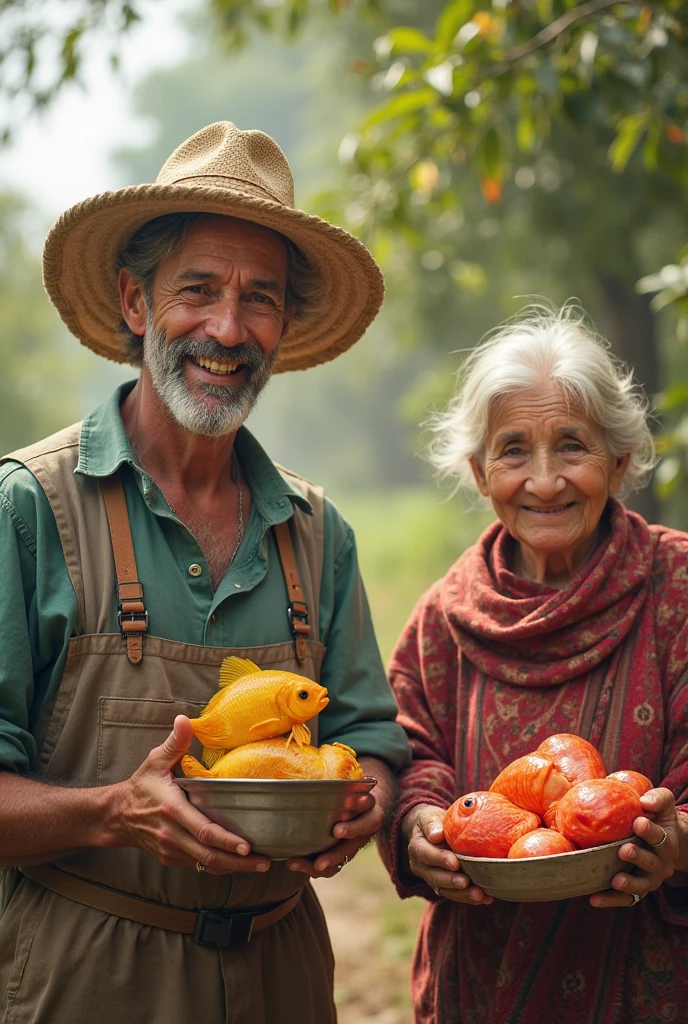 Image of an elderly couple harvesting vegetables in their plantation field, with a rainbow in the background 