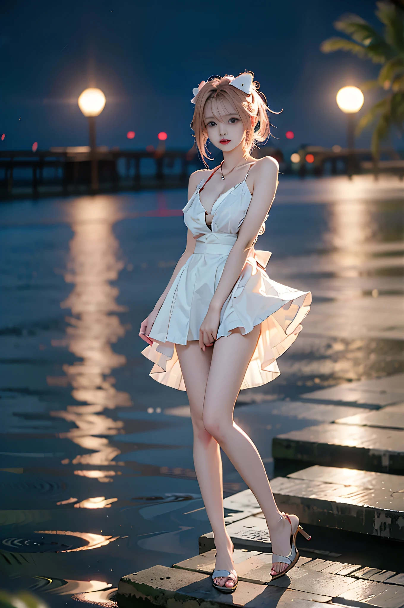 astolfo_md ,,((full body, from below)), (masterpiece, best quality, ultra-detailed, 8k), realistic, a beautiful sexy long-legged model on a tropical beach, (I-type Valley), (Full breasts, visible cleavage, very short skirt hem, exposed shoulders), (Tyndall Effect), (At night,:1.3 moonlight:1.3), standing in shallow water, one hand playfully lifting her hair, the other gently raising the hem of her flowing summer dress, seductive pose, perfect and symmetrical leg anatomy, glistening water, soft natural lighting, (wind blowing gently:1.1), (ambient lighting:1.2), bokeh, cinematic shot, dynamic angle, professional photography, shallow depth of field, sharp focus, vibrant colors, (slightly tanned skin:1.1), (natural makeup:1.1), (delicate features:1.1), (ocean waves gently lapping at her feet:1.1)
