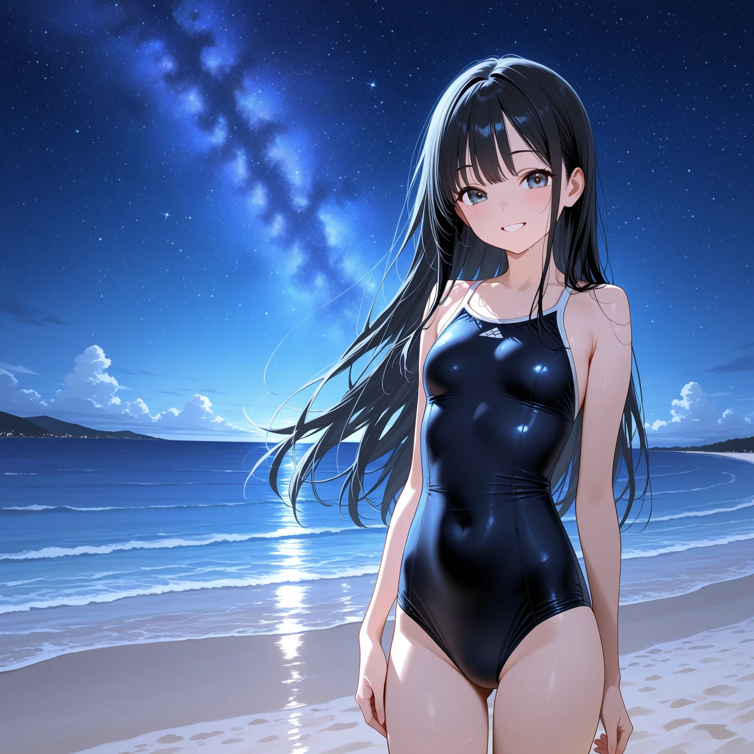 8k, masterpiece, RAW Photos, highest quality, Realistic, Very detailed, Depth of written boundary, Cinematic Light, Anatomically correct body,
One beautiful 40 year old woman, Very beautiful face, Exquisitely detailed face, (A calm and gentle face:1.4), Very delicate skin texture, Transparent muscle, Shiny white skin, Glamorous Body,
(Wavy black long hair:1.2), (Sexy Breasts:1.1), (Sexy ass:1.1),
(High leg swimsuit:1.2), (Detailed cloth texture:1.2), (Gorgeous necklace:1.1), (Gorgeous earrings:1.1),
(Dark starry background:1.4), (Milky Way:1.1), (milky way:1.1), (shooting star:1.1), (Dark coastline at night:1.4), (Pitch black sea surface:1.4),
(Standing on the beach:1.2),
(Cowboy Shot:1.2),