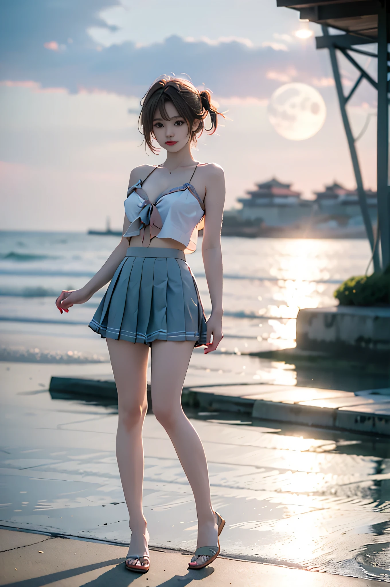 astolfo_srf ,,((full body, from below)), (masterpiece, best quality, ultra-detailed, 8k), realistic, a beautiful sexy long-legged model on a tropical beach, (I-type Valley), (Full breasts, visible cleavage, very short skirt hem, exposed shoulders), (Tyndall Effect), (At night,:1.3 moonlight:1.3), standing in shallow water, one hand playfully lifting her hair, the other gently raising the hem of her flowing summer dress, seductive pose, perfect and symmetrical leg anatomy, glistening water, soft natural lighting, (wind blowing gently:1.1), (ambient lighting:1.2), bokeh, cinematic shot, dynamic angle, professional photography, shallow depth of field, sharp focus, vibrant colors, (slightly tanned skin:1.1), (natural makeup:1.1), (delicate features:1.1), (ocean waves gently lapping at her feet:1.1)