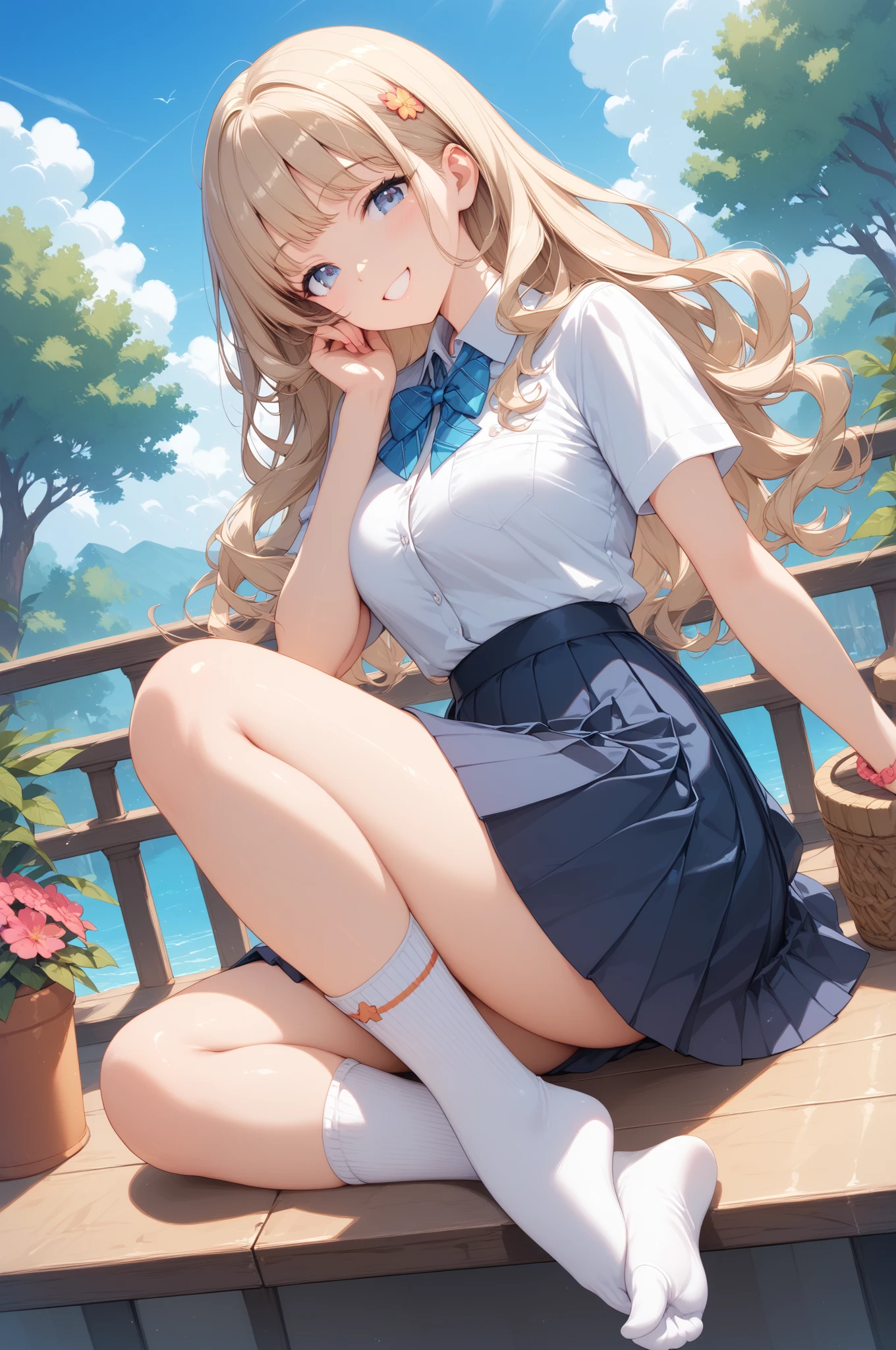 small breasts,(???, child:1),solo,blue eyes,blonde hair,cat ears,long hair,smile,blush,parted lips,
white shirt,yellow short skirt,bow,
lying,grass,sunlight,Butterfly,flower,Leaf,Looking from top to bottom,Medium Full Shot,depth of field,pleated,Ruffle,no shoes,Blue panties,Open your leg
