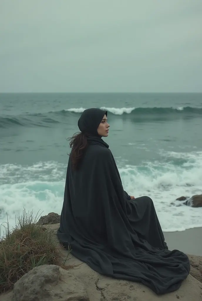 Navy blue headscarf on the beach, Black long coat, white socks, Sexy skinny woman. Man lying in front of woman. Woman puts her foot on the front of man&#39;s sweatpants. 