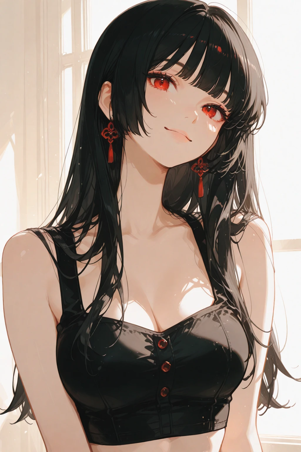 Adult gray woman, long black hair, red eyes, gray skin, Rich black dress, smirk, Smoke, The Masterpiece, hig quality