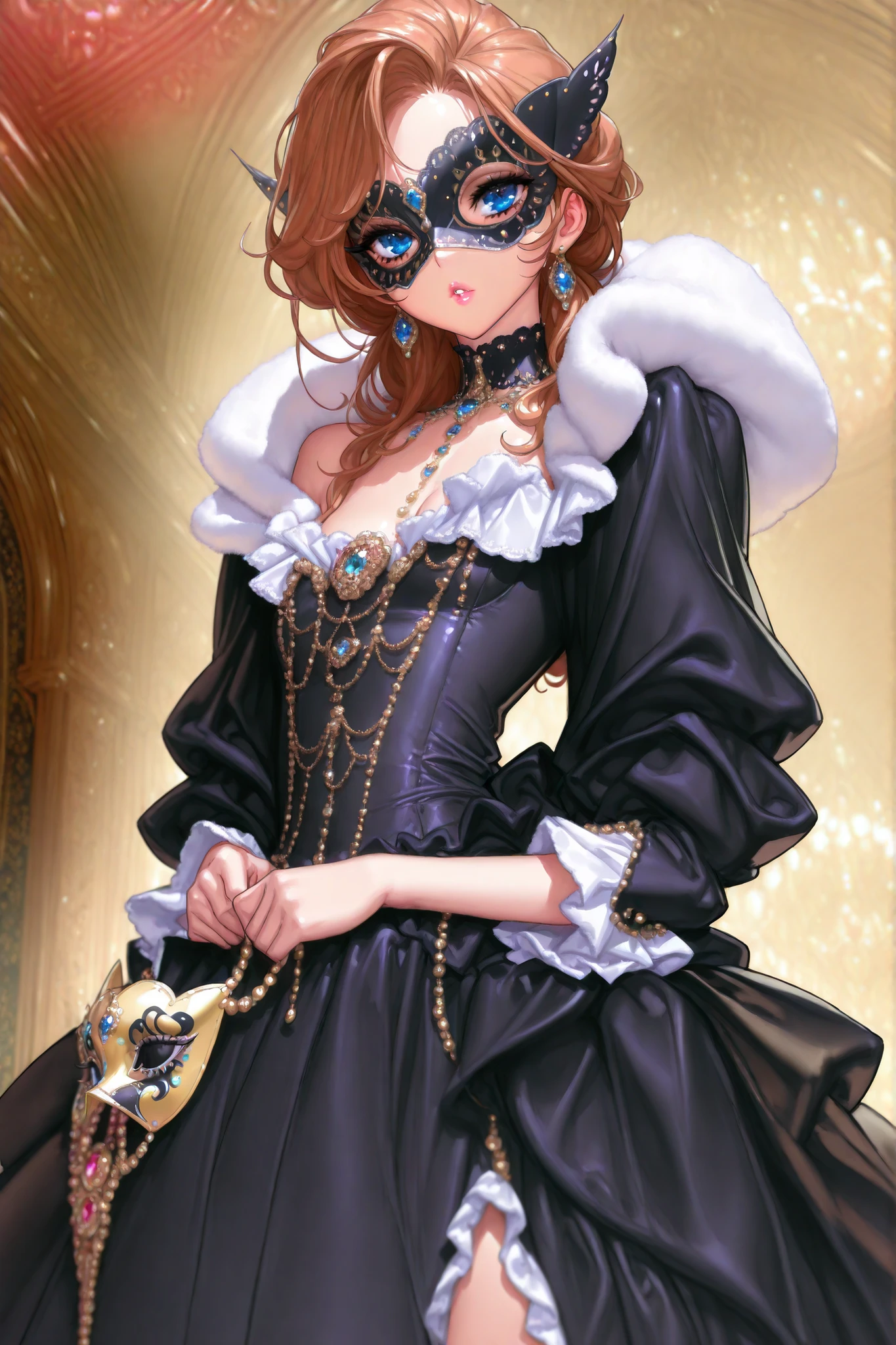 masquerade,Masquerade,female up,Masked woman ,heavy makeup, gorgeous, glittering dress,shines,beautiful,Dramatic,Anime Chic, safe content(masterpiece, 最High Quality, High Quality, detailed background, complicated details,complicated,ultra high resolution, Very beautiful ,Newest:1.2)