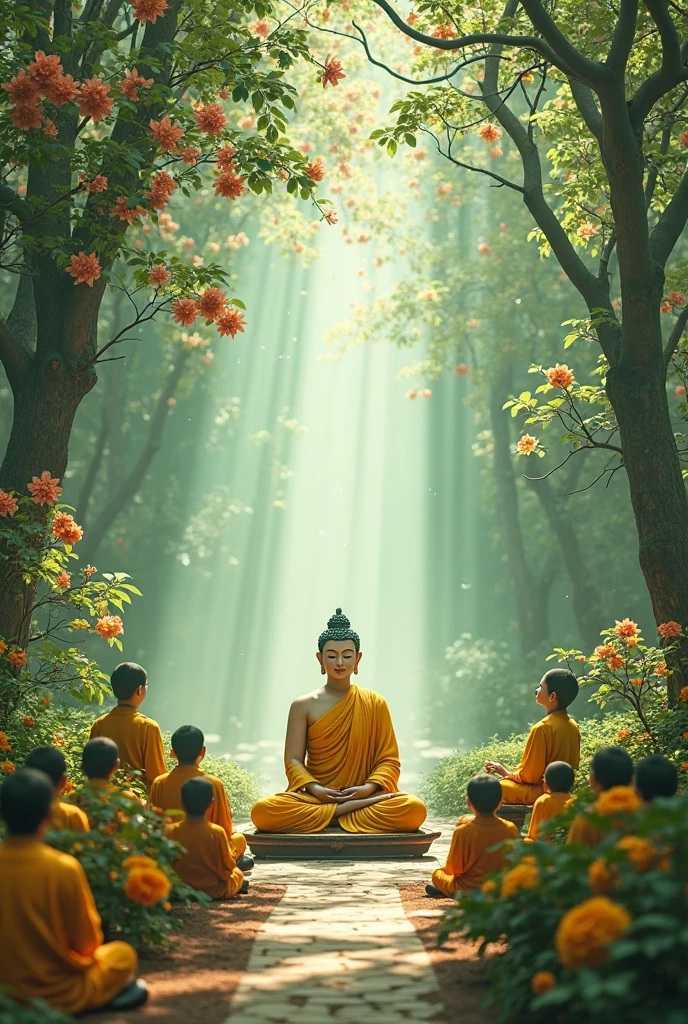 Create a serene and idyllic scene of indian rishis in ancient time in their hermitages in the heart of a forest at dawn with saffron light. The atmosphere is tranquil, with a soft, warm light casting a gentle glow on the surroundings. The ashrama's architecture blends harmoniously with nature, featuring natural materials and curved lines. Vibrant, colorful flowers are in full bloom, dotting the landscape with splashes of pink, yellow, orange, and purple hues. A few delicate, dew-kissed spider webs cling to the flowers and trees, adding a touch of fragility and beauty. The forest floor is carpeted with a soft, emerald-green grass, and the trees stand tall, their leaves rustling softly in the morning breeze. Incorporate a few subtle, misty elements to convey the freshness and calmness of the early morning hours. The overall mood should evoke a sense of peace, serenity, and connection with nature.
