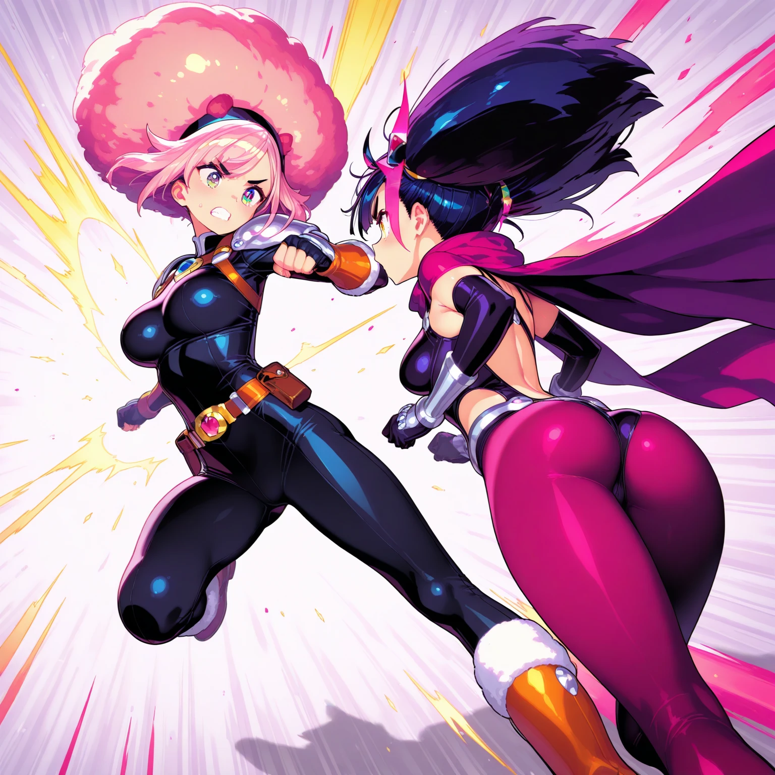 2girls, connie maheswaran ( steven universe),narmaya ( granblue fantasy), (connie maheswaran, age 25,blue and white striped halter top, black microshorts, large pink sword), (narmaya, original outfit, katana, Uhd, hdr, 8k, masterpiece, sexy swordswomen, face-to-face ,(character focused, impact frame), clashing effects, cleavage cutout, perfect bodies, perfect hands, perfect faces, perfect eyes, incredibly sharp absurdres, incredibly sharp gradients, deep highlights,incredibly aesthetic, extremly detailed sword fight, sparring in a moonlit field, competitve smirks, sword fighting, sword to sword, close up, full-body, fast-paced, cel-shaded, key visual, battle art, splash-art, amazing quality, motion lines, motion details, , cool tones, rich atmospheric shading, intense lighting effects, action choreography, dynamic angle, dynamic perspective, dynamic Line of action, dynamic scenery, atmospheric lighting, exciting, fun, Raw sensuality, hyper-femininity