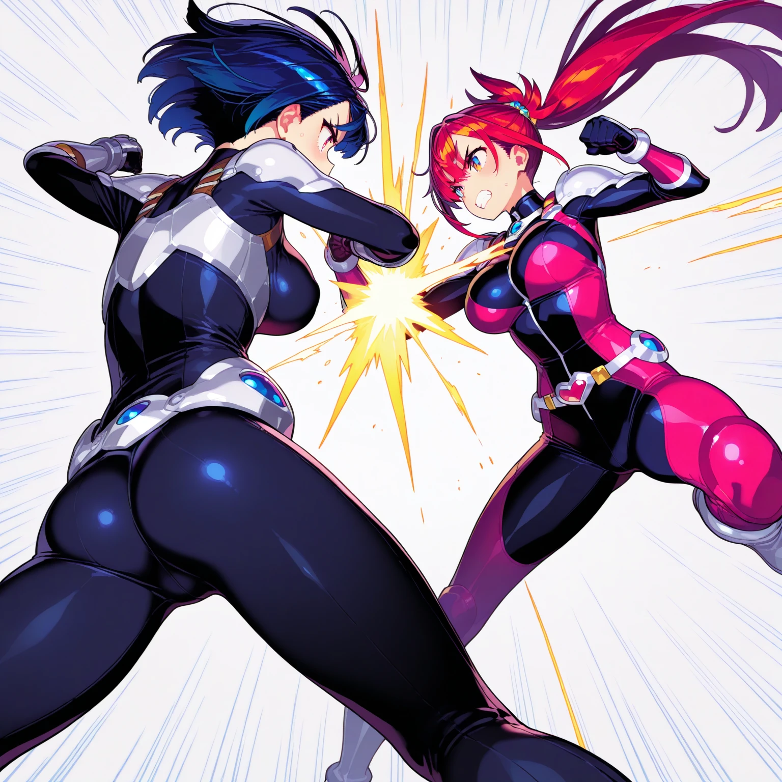 ((full bodyesbian)), (Simple background), 1woman, ((High resolution)), (simple background), (white backgrounid:1.3), Ragatha's appearance resembles that of a living ragdoll with stitching on its body, with red, yarn-like hair, a flat, slightly older woman, reddish-orange triangular nose, and one blue button eye, is wearing boxing gloves black and body muscular, she wears black sports bra and shorts, the biceps on her arms are flexed, her lips are slightly parted, showing a hint of determination and resiliencia, wearing boxing gloves black, flexing her biceps, stands in a challenging pose, hands on hips, with a full-body representation.