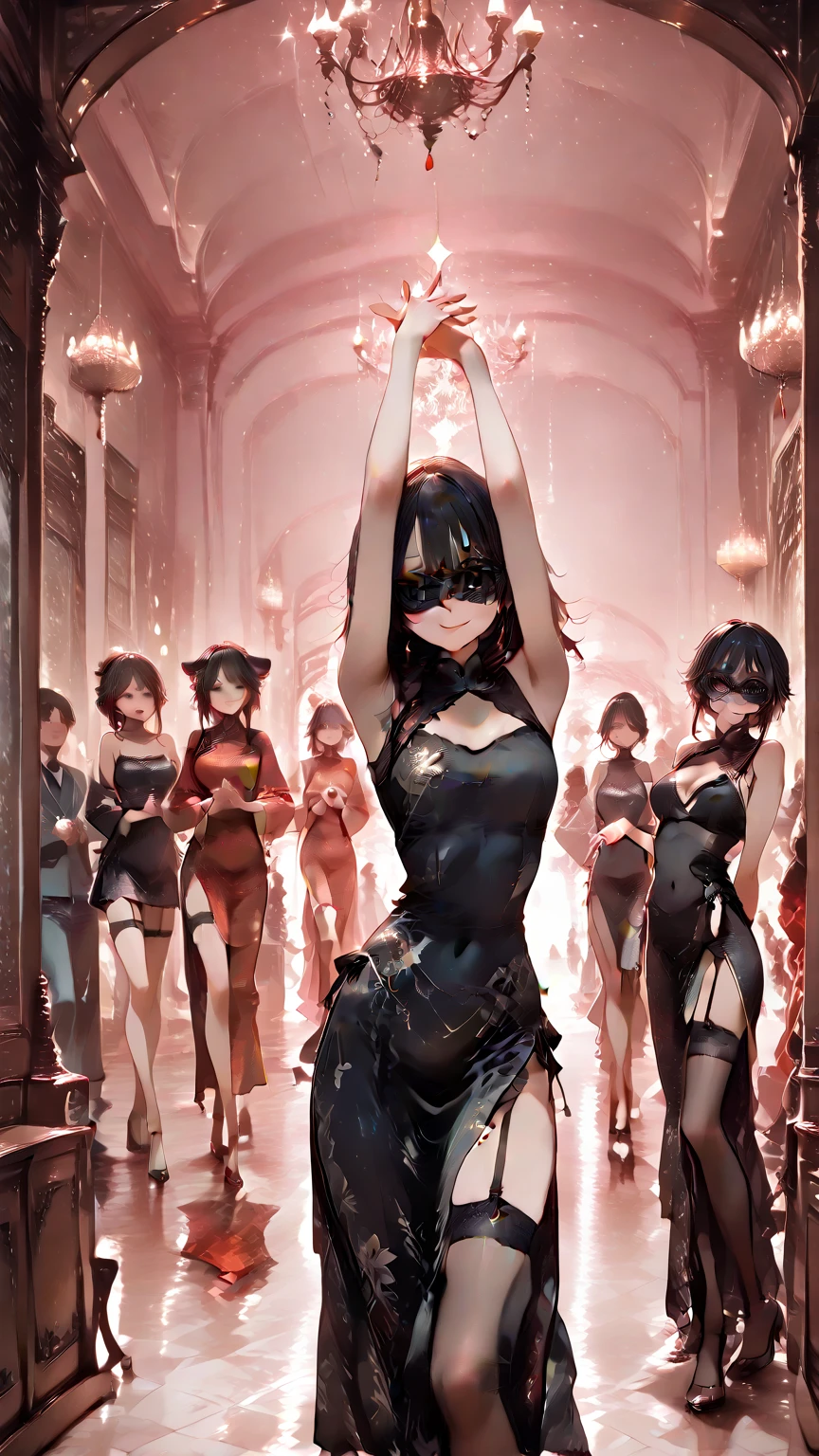 masterpiece, 最high quality, High resolution, Final Fantasy 7、Tifa Lockhart、Black torn clothes 、Black ripped pantyhose、Dark church at night、sexy、Wearing a mini skirt、Thin legs、Big Breasts、Slim figure、high quality CG Tone、Torn black panties、Defeat scene、Losing to a woman、Lie face down on the floor、Surrounded by women、Tattered、Clear fluid coming from the genitals、Black Hair、A vibrator can be attached to the genitals、Black blindfold