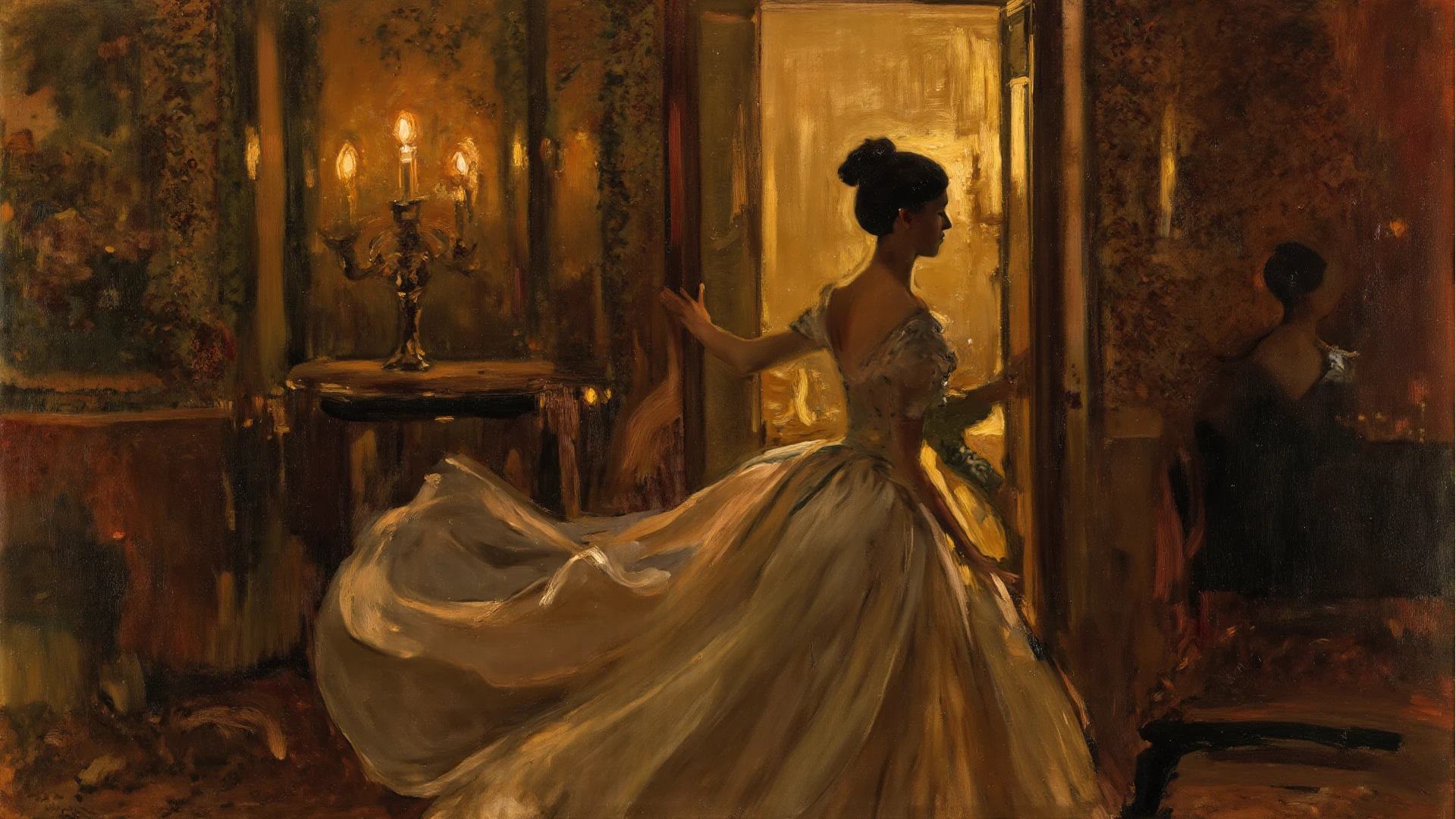 Una imagen en estilo art nouveau, Surrealista y abstracto. A woman dances in a dark room lit by several candles, Su sombra reflejada en la pared tiene la forma de un demonio..