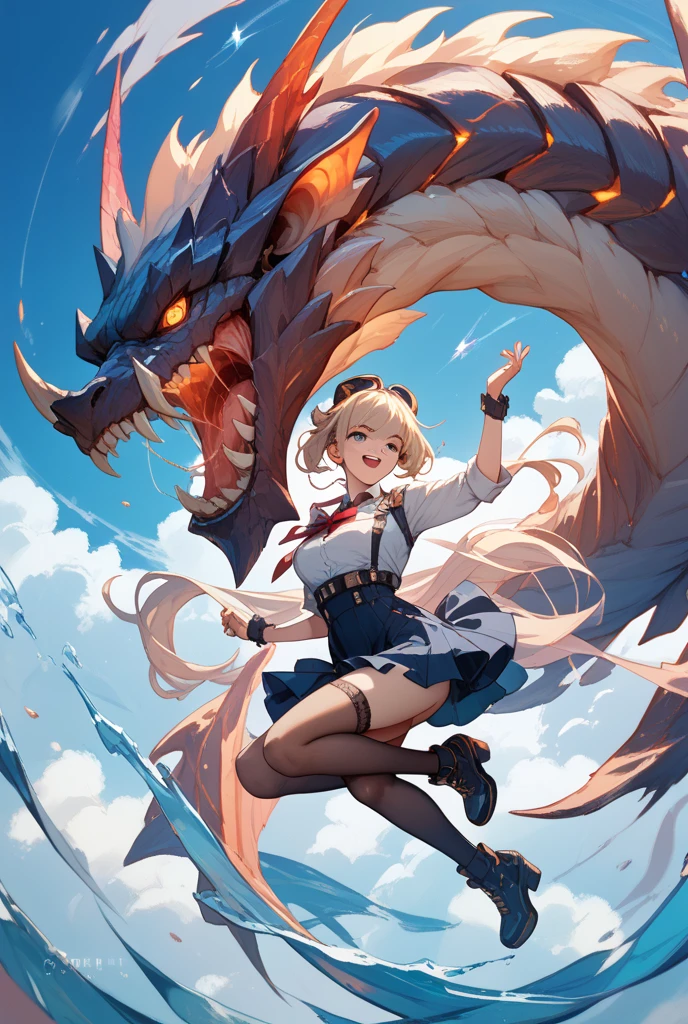((Highest quality、masterpiece、anime style、best quality、high resolution、8k、detailed、ultra-detailed:1.3))、Long legs、Sharp focus:1.2, Beautiful woman with perfect figure:1.4、(Smiling:1.2), double eyelid、30-year-old female、Sexy pose、((((Close your mouth、One Woman、white karate uniform:1.5)))),The background is a different world、A woman fights a dragon、Uplifting