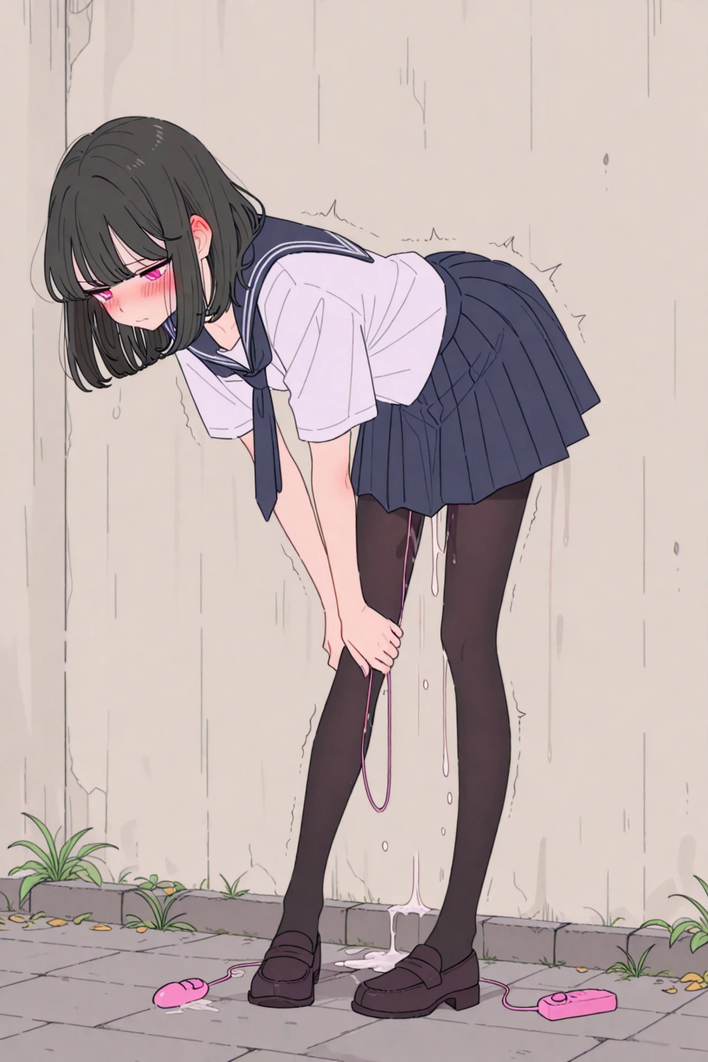nsfw, (masterpiece, top quality, best quality, highly detailed:1.6), extremely detailed CG unity 8k wallpaper, strong facial expression, (sharp eye:1.2), (scowl:1.1), (embarrassed, blush:1.3), (steam:1.8), (wet:1.2), (sweat:1.1), (trembling:1.3), (open mouth, wavy mouth:1.4), (harf open eyes:1.5), (feeling weak:1.5), (shoot from front, looking at viewer:1.2), (squatting, skirt lift, clutching skirt:1.6), (downtown street, downtown alley), (1 woman, outdoor, business suit:1.4), ((black suit, Pencil Skirt, tight skirt)), high-heels, (long hair, brown hair, pubic hair, Brown:1.5), (woman trembling with sexual climax:1.5), (at midnight), night, at dawn, colorful, full body, wide shot, perfect composition, (chrotch, pussy, urethra, panty, panties), urination, incontinence, piss, peeing self, (((pee stream))), (pee puddle), wetting herself, pee stain, large breasts, Yellow pee, ((leaking pee)), puddle of pee, Pee at your feet, Pee spread on the floor, Pee stains, Dripping pee between my legs, Feet wet from pee, Pee-covered feet, Pee at your feet, want to pee, about to pee, Full bladder, Pee-soaked skirt, Pee-soaked high-heels, natural makeup, A pair of partially removed panties is hanging around one of her ankles,