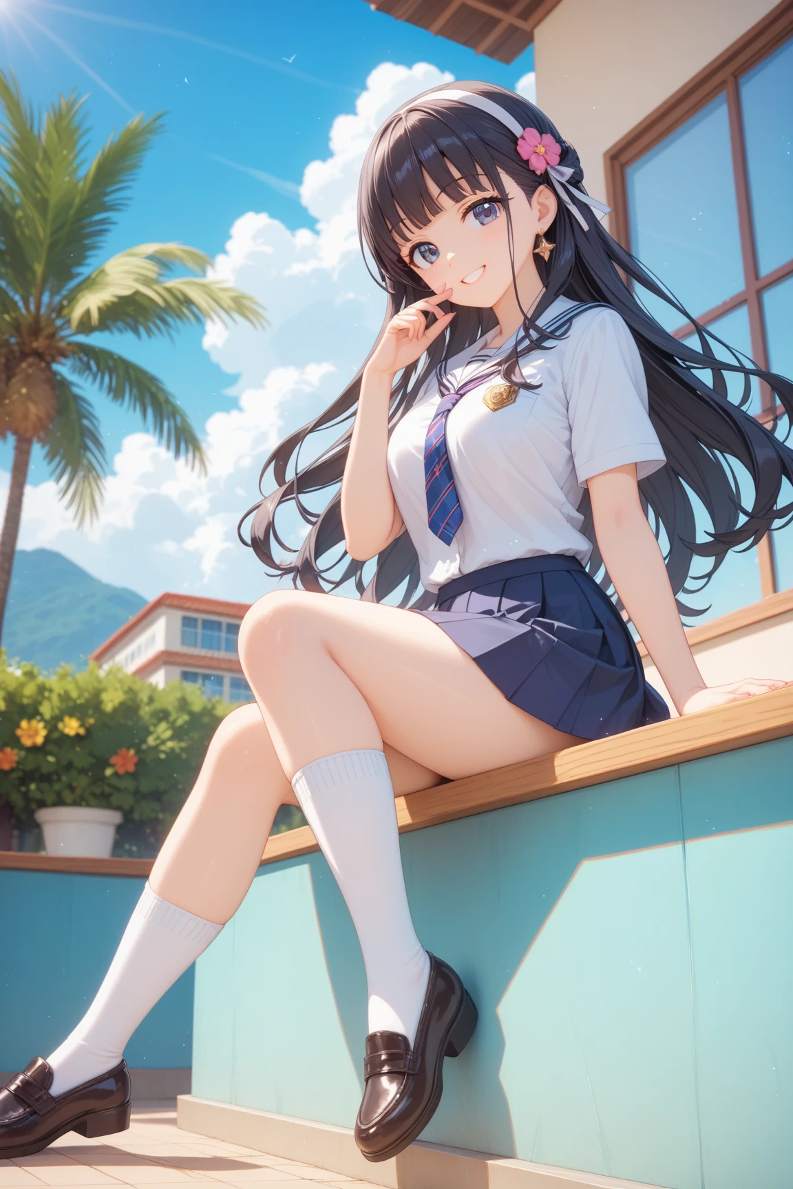 obra maestra, mejor calidad, finamente detallado, 1girl, expressive eyes, perfect face, seductive smile, school uniform, (miniskirt) (crossed legs), sexy thighs, medium breasts