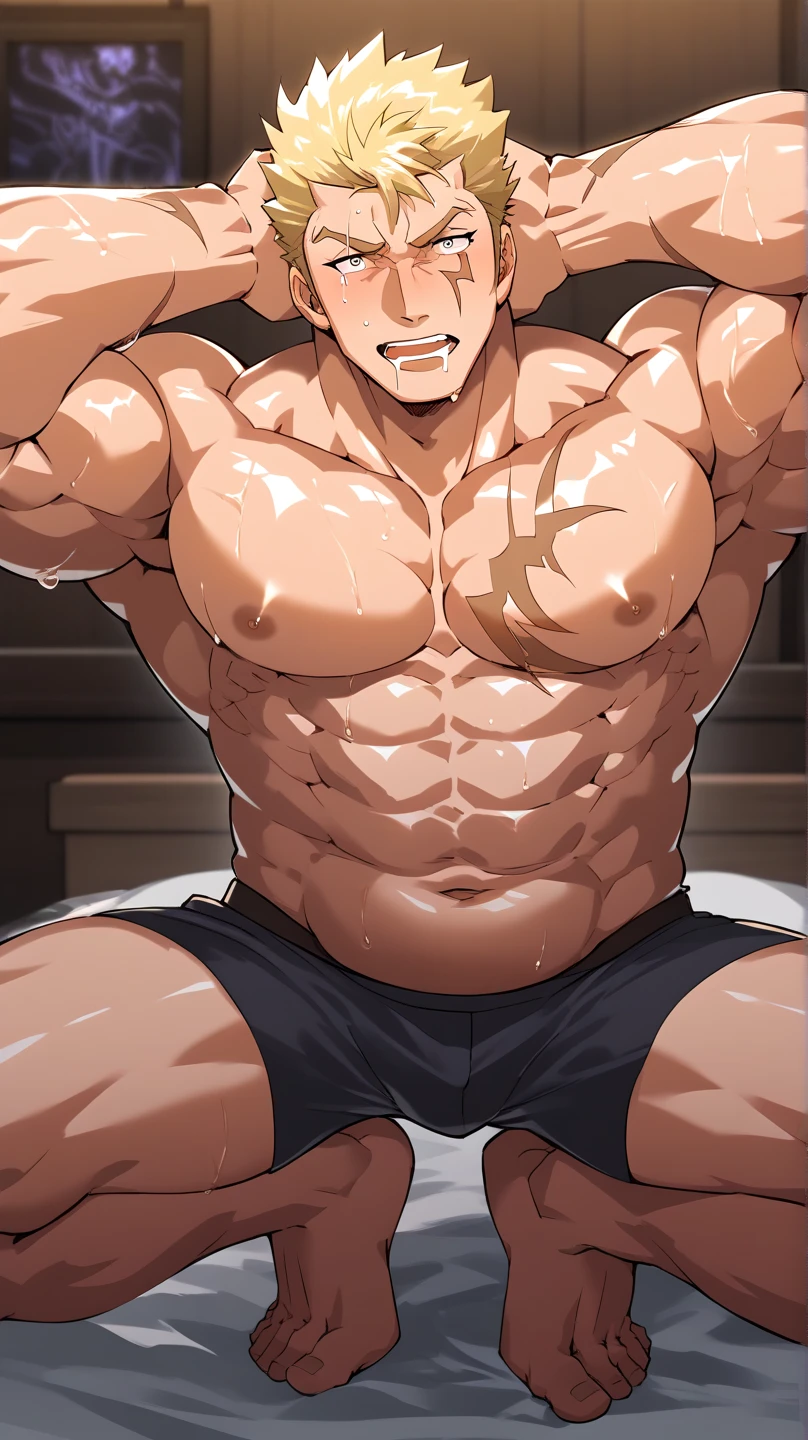Muscular hairy Ash Ketchum as an adult from Pokémon hypnotized by a glowing pendulum swaying in front of their stubbled faces, flexing his biceps to expose hairy armpits in a locker room with other jocks also being hypnotized as they fall deeper into trance as stereotypical big dumb football jocks. Glowing red eyes. Muscle growth. Massive swollen crotch bulge. Hyper crotch bulge. Sweat. big biceps. Big triceps. Big traps. Broad shoulders. Big meaty pecs. Hyper muscles. Glowing red eyes. Hyper crotch bulge. Massive bulging crotch. Dumber and dumber. Blank and vapid stare with open mouth in trance while saying in a monotone voice, "We must sweat. We will obey. A big dumb jock works out all day. I am a dumb jock.... I obey.... We are dumb jocks.... We obey.... Dumber and dumber.... Yes, Coach.... I'm your player, Coach. Whatever you say.... Dumb jocks must obey.... Flex, ... grow, ... and obey.... Huhuhuhuh.... We are big dumb jocks...." Slumped shoulders. Hypnosis. Brainwashing. Hypnotized. Brainwashed. Vapid. Dull. Dimwitted. Meathead. Musclehead. Bigger and dumber jock bro. Assimilation. Transformation into big dumb muscular jock bros. Slumped shoulders. Bulging glutes. Thick stubble. hairy armpits. thick muscular legs. Repeating triggers to be dumber and dumber each time he says them to think and focus only on growing muscle and being the perfect football jock. Dimwit. Dullard. Bro. Stupid. Musclehead. Mass hypnosis. Entranced. Mindless. Brute. glowing pendulum. Bodybuilder. Huge muscles. Sweaty. Mouth open. panting. Entranced.