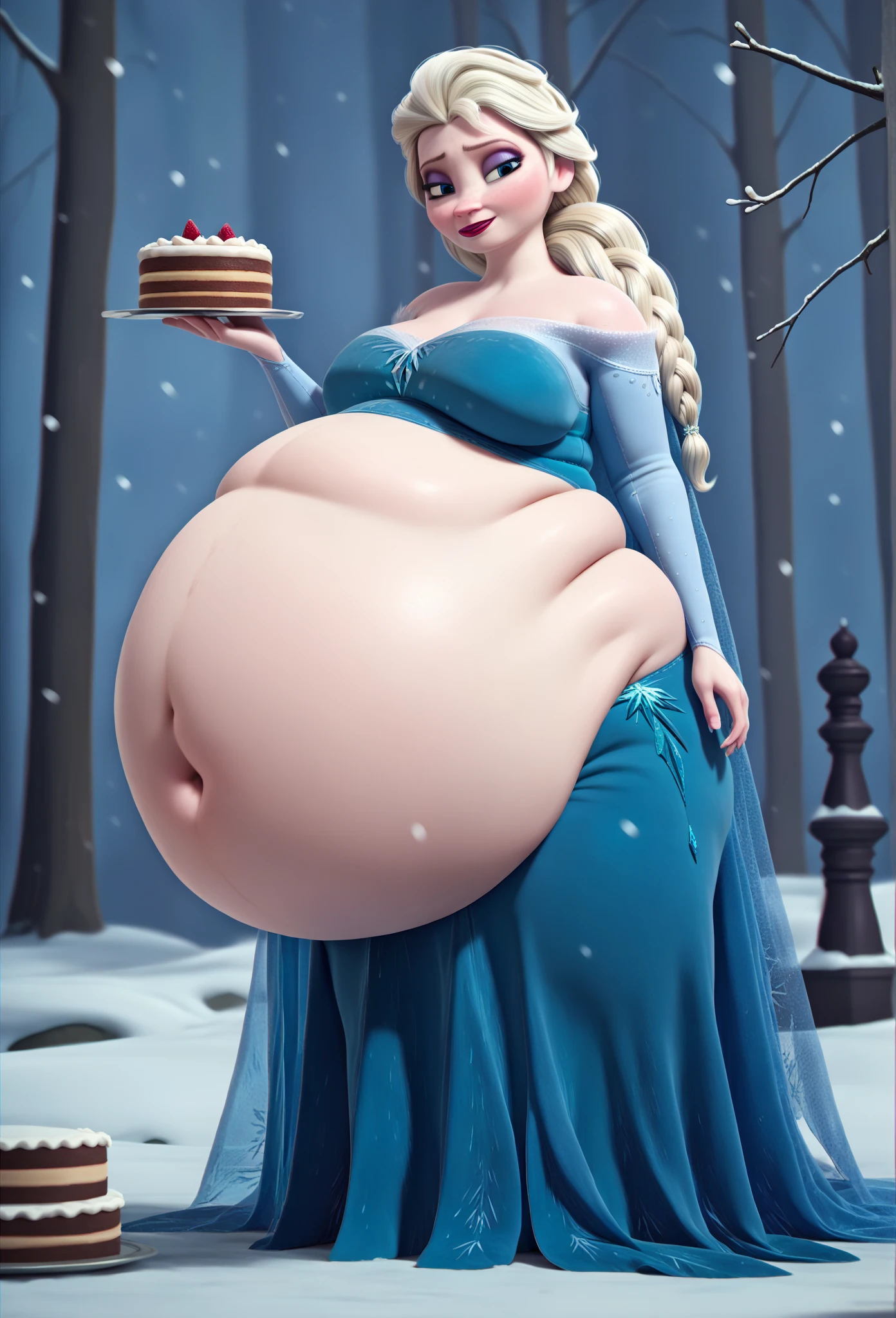 Fat pregnant Elsa, eyeshadow, blushed, closed smile, big cheeks, bikini, Big lips, double chin, chubby body,bbw, morbidly obese, fat rolls, pregnant belly, weight gain, dining room, binge drinking , eating, binging