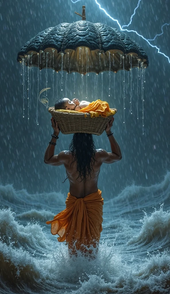 "Create a powerful scene of Vasudeva carrying baby Krishna across the Yamuna River on a stormy night. The river should be depicted with turbulent, high waters, reflecting the intensity of the storm. Vasudeva, dressed in simple, soaked clothing, should be shown wading through the water with determination and care, holding the  Krishna above his head. Baby Krishna, glowing softly with a divine aura, is calm and serene, wrapped in a cloth, with his small hand reaching out as if blessing the surroundings. The sky above is dark and filled with clouds, but a beam of moonlight breaks through, illuminating Krishna and Vasudeva. A large, multi-headed serpent, Sheshnag, should be depicted above them, spreading its hoods to protect them from the rain. The background should show the distant, shadowy outlines of trees and the shore, with a mystical, almost otherworldly atmosphere."

