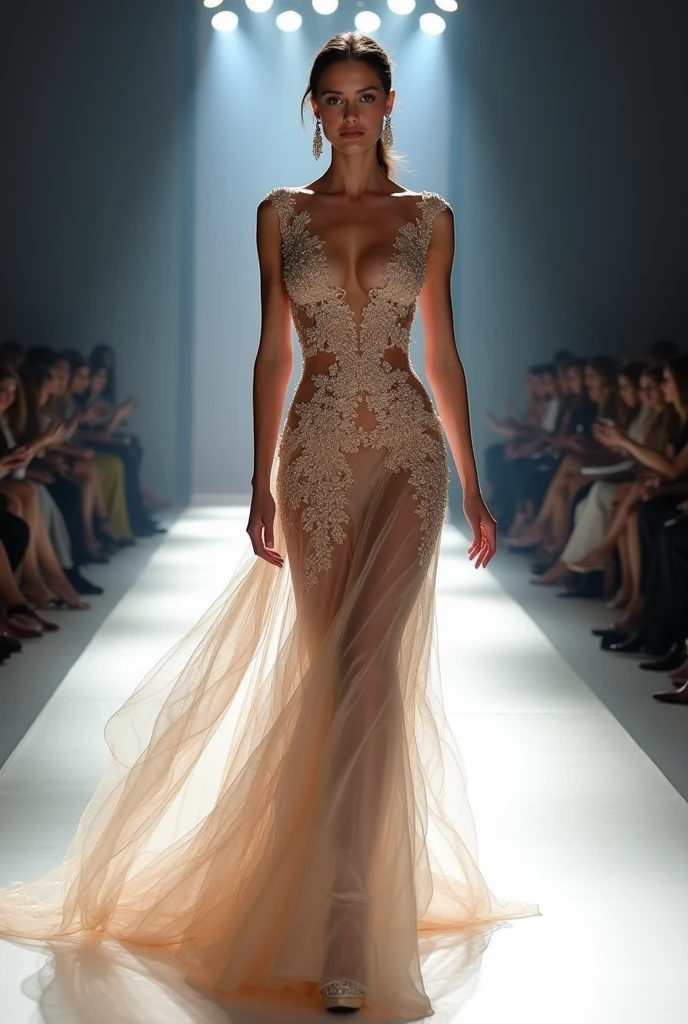 "Step into the world of high fashion as Alessandra Ambrosio graces the runway in a stunning, couture gown. The intricate lace and delicate beading shimmer under the bright lights, while Alessandra's confident stride and fierce gaze demand attention and admiration."