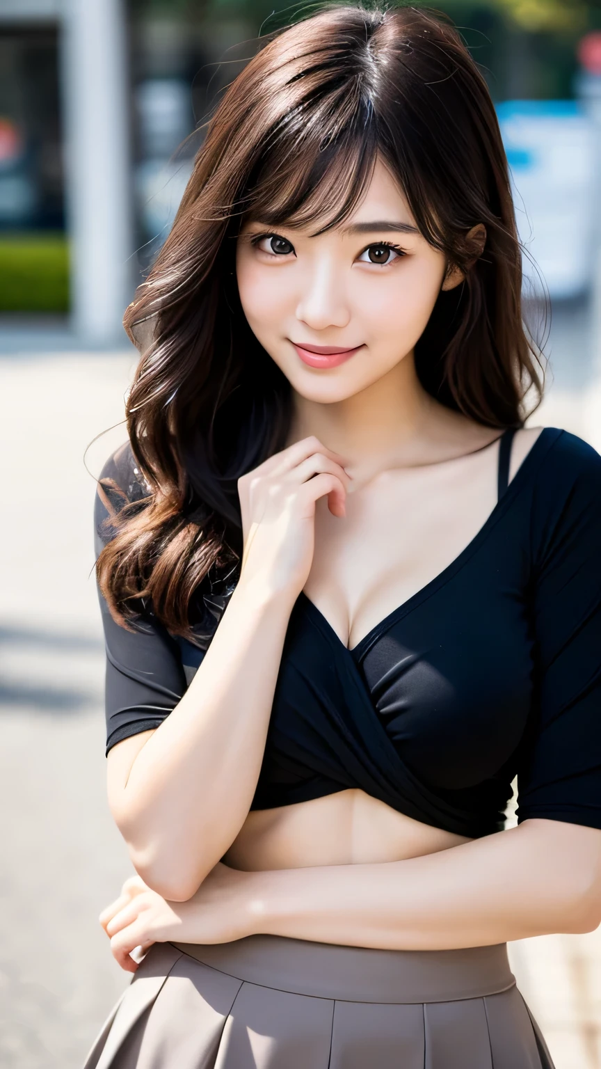 (8K,Raw photo、Raw photo、top-quality、Master masterpiece:1.2)、ultra-detailliert、Super Resolution、(Photorealsitic:1.3)、Angle to shoot from the front、Clearly draw shades of light、high resolution RAW color photos、professional photograpy、Same skin type as humans、Female proofreading of Japan from head to waist、Blur the background、Draws faithfully to anatomy、Very detailed and beautiful、Ultra-high image quality、long、Hair swaying and sexy、Very detailed beautiful girl、smil、Plain clothe、The upper part of the body、The fountain、Loosely curly hair、the pose