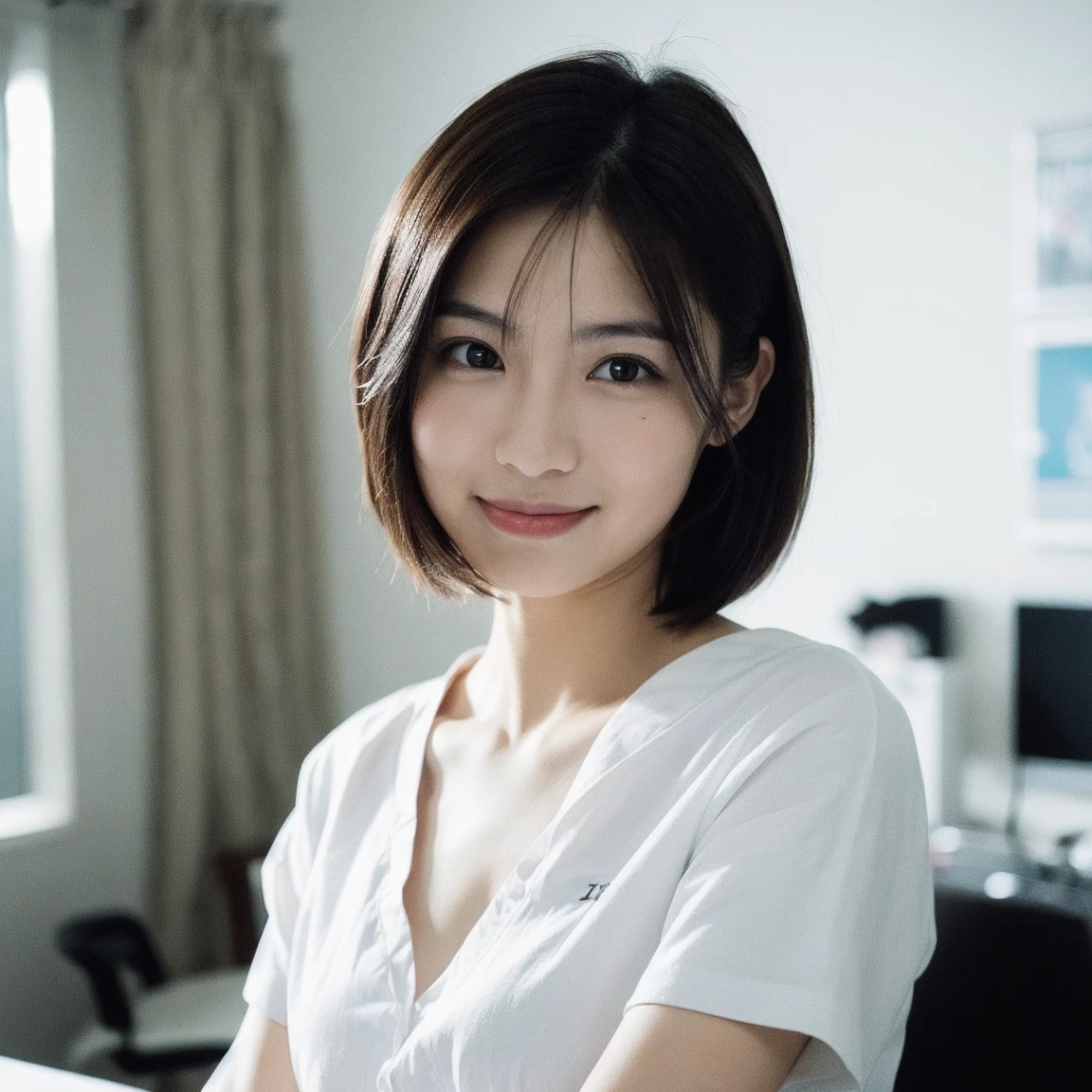 (white dress shirt, naked shirt, cleavage, open shirts, jeans:1.3), (small breasts, election of nipples:1.3), (natural lighting:1.3), 8k, RAW photo, best quality, masterpiece, realistic, photo-realistic, clear, beautiful face, no makeup, best quality, ultra high res, BREAK, Japanese cute girl, 14 years old, (short cut hair:1.2), smile, standing, BREAK, (black eyes, black hair:1.2)